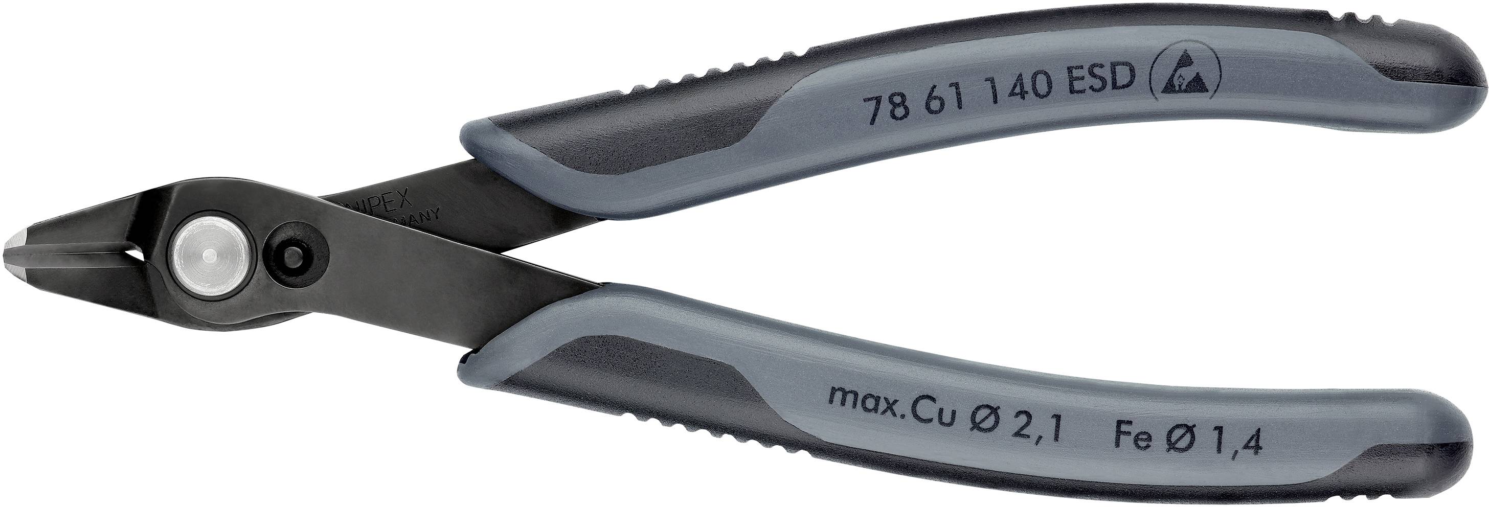 Seitenschneider mit blauen Griffen, geeignet für Kupferdrähte bis Ø 2,1 mm und Eisendrähte bis Ø 1,4 mm.