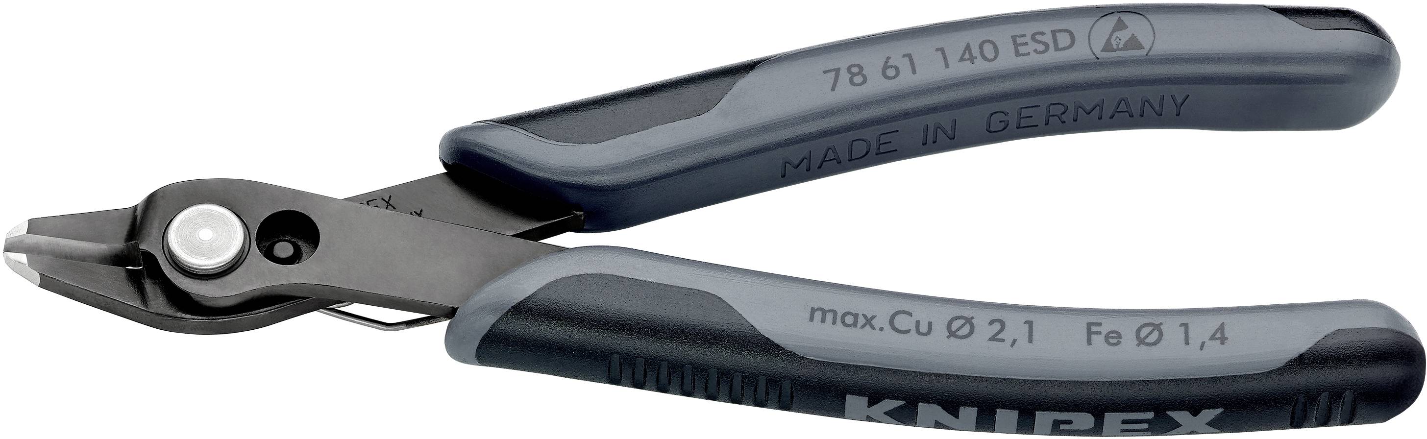 Seitenschneider aus schwarzem Metall mit grauem Kunststoffgriff, mit der Aufschrift 'Knipex' und 'Made in Germany'.