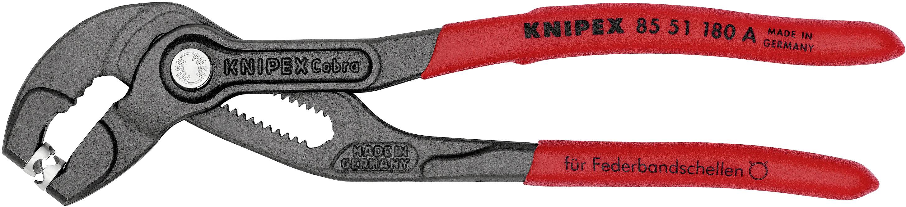 Wasserpumpenzange der Marke KNIPEX, Modell 85 51 180 A, mit roten Griffen. Entwickelt für Federschellen, 'Made in Germany'.
