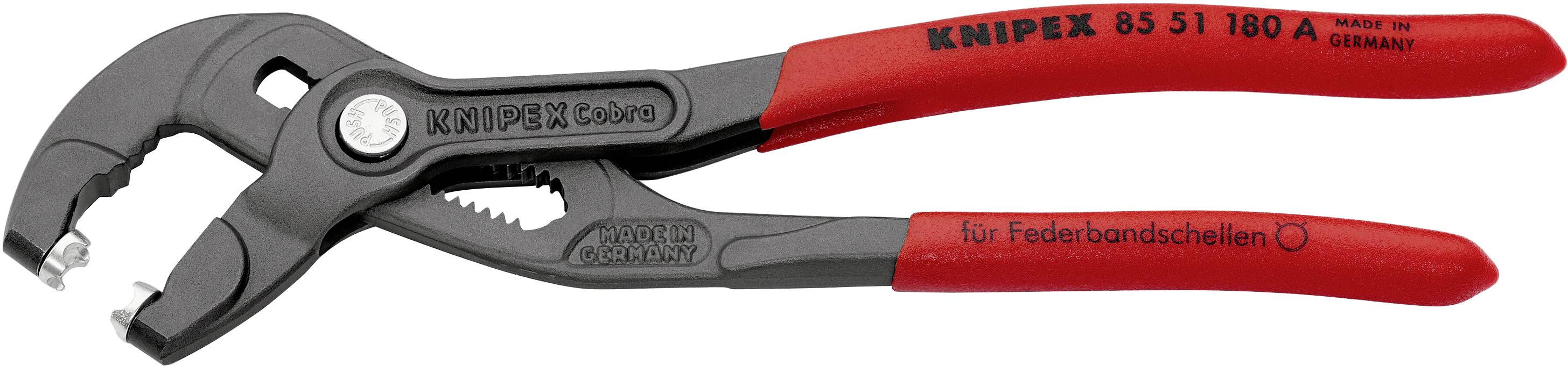 Rote und schwarze Zange mit der Aufschrift 'KNIPEX 85 51 180 A' und 'für Federbandschellen' auf den Griffen, geeignet zum Greifen und Lösen von Klemmmuffen.