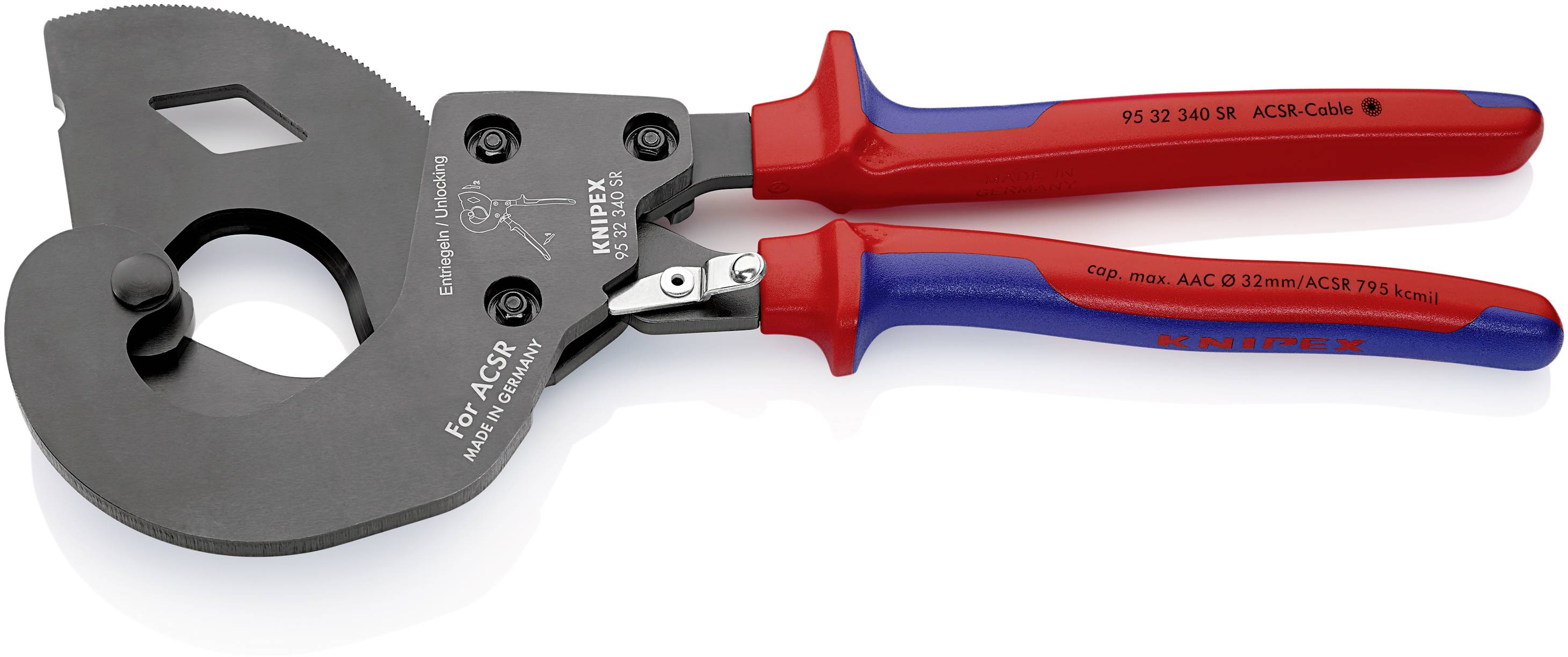 Schneidwerkzeug mit roten und blauen Griffen, geeignet für ACSR-Kabel. Enthält die Aufschrift 'Knipex' und technische Spezifikationen.