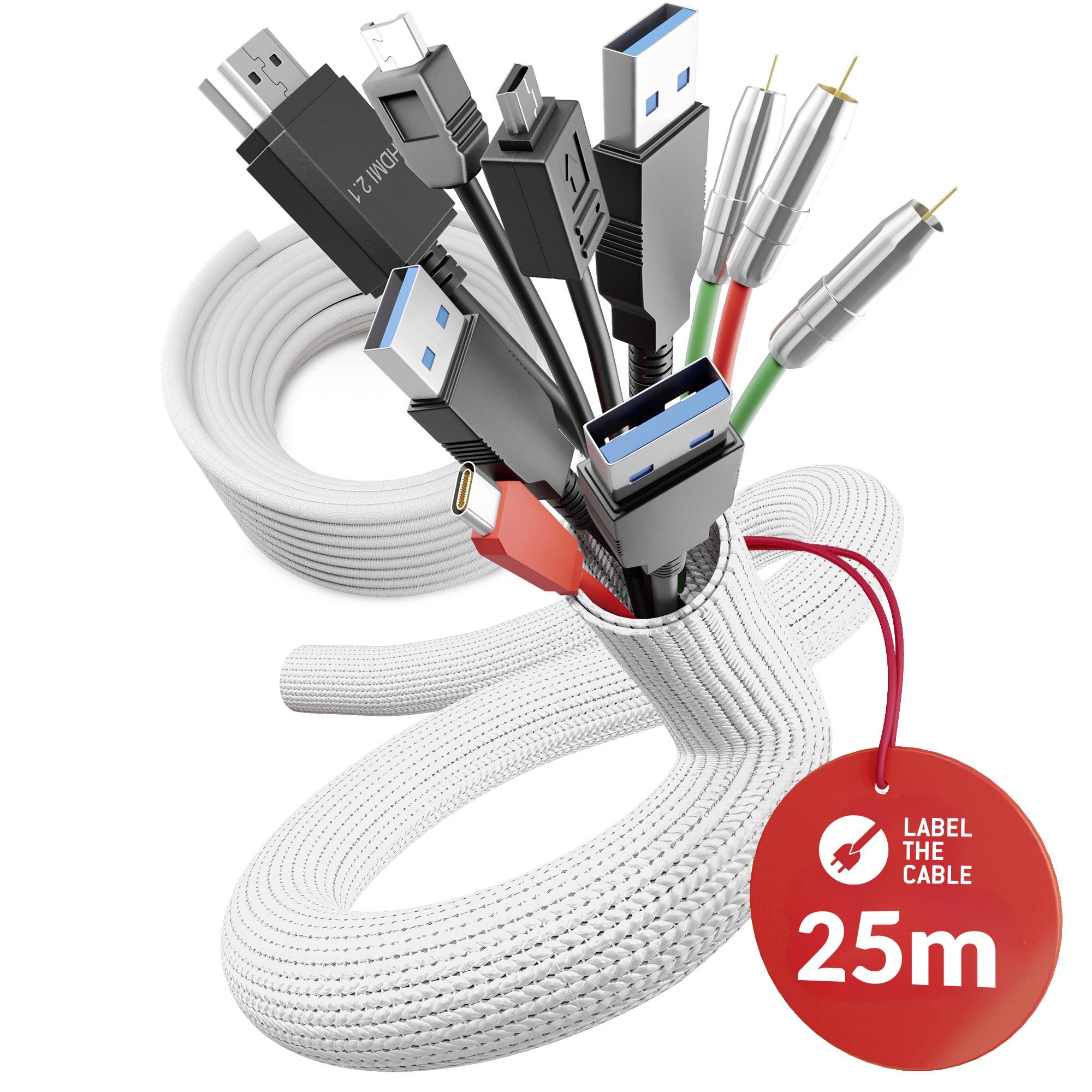 Aufgerolltes weißes Kabelpaket mit mehreren USB-, HDMI- und Audio-Anschlüssen, die herausragen; ein rotes Etikett liest „LABEL THE CABLE 25m