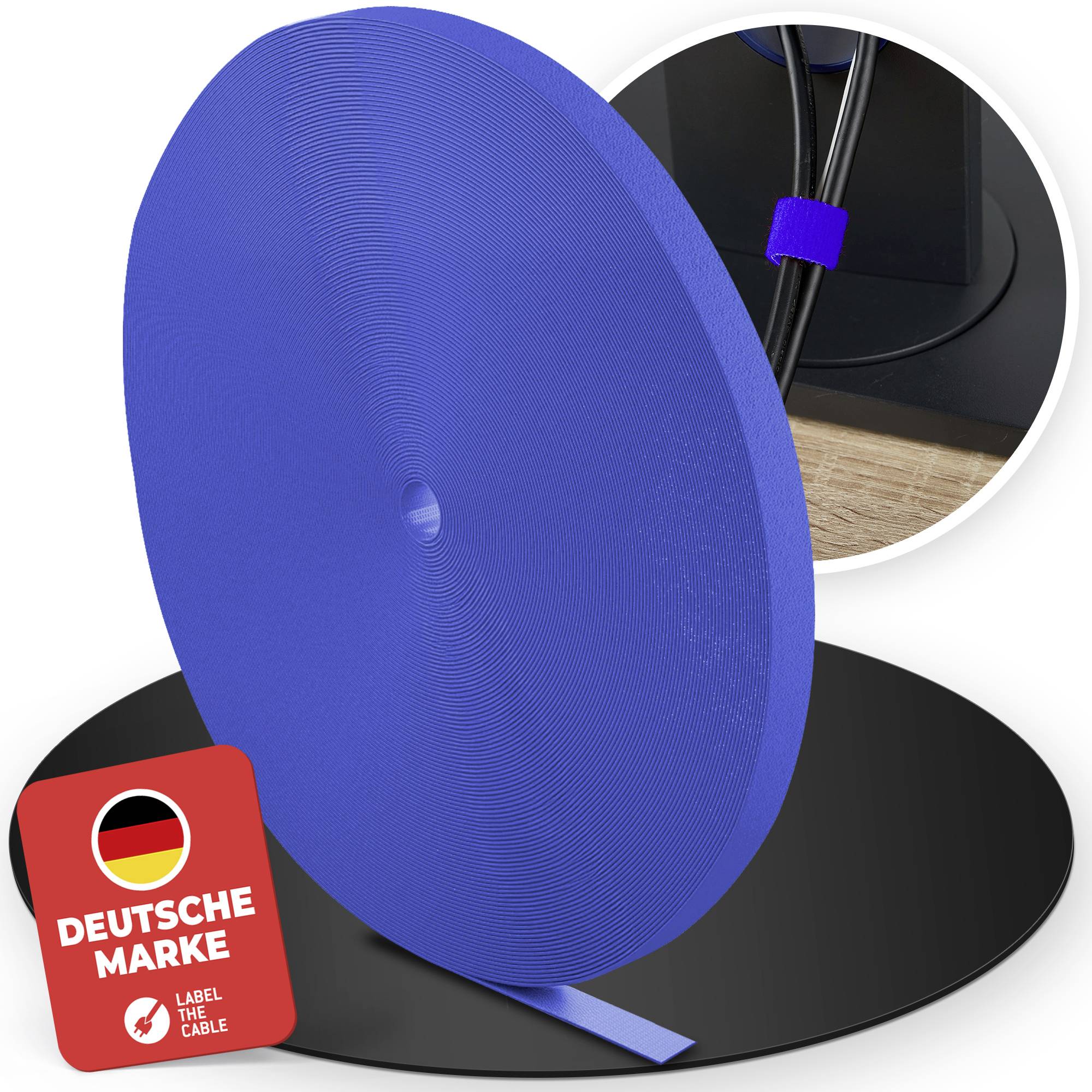 Blaue Kabelspule auf schwarzem Sockel mit deutschem „Deutsche Marke
