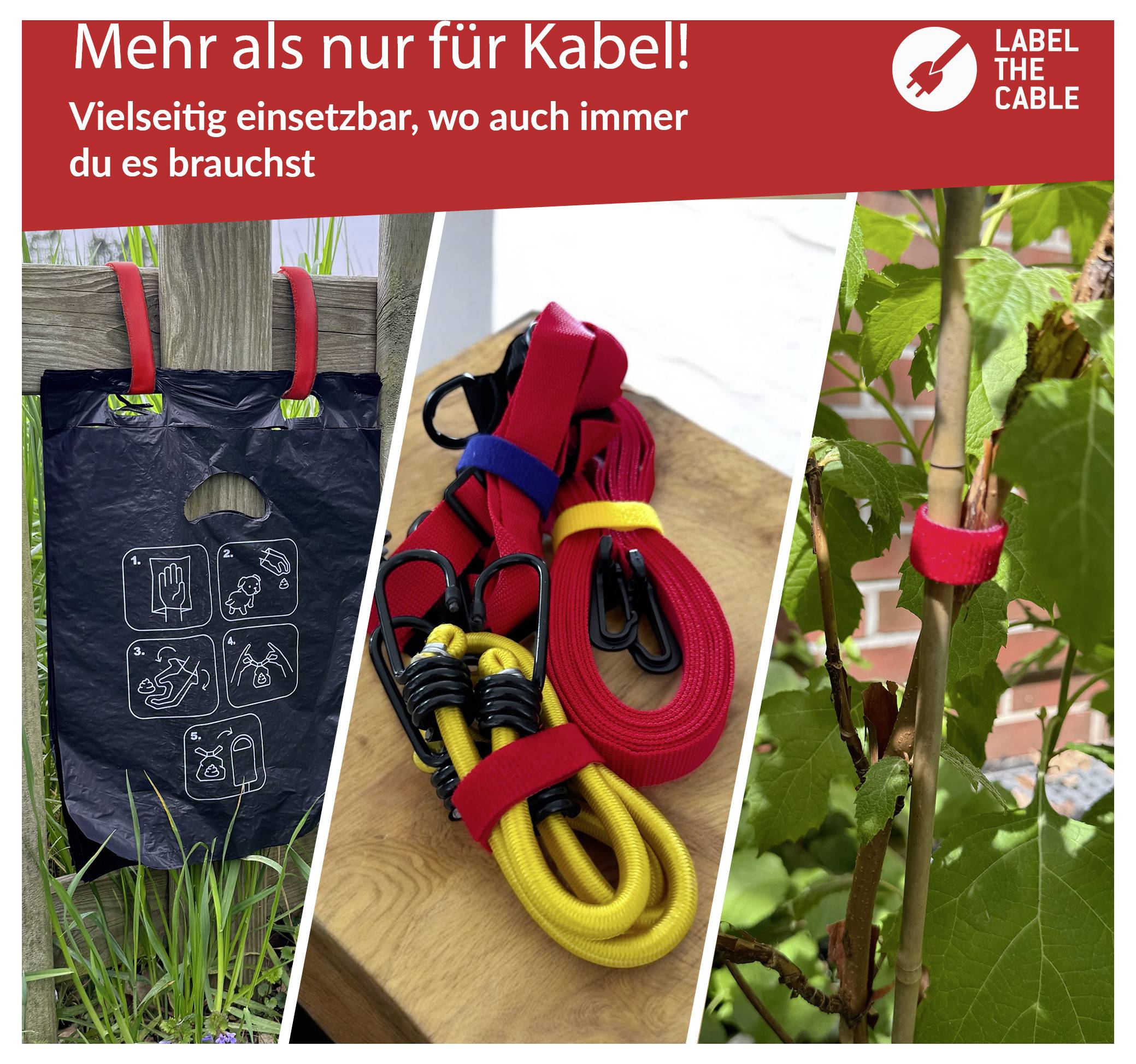 Promotional image showing red cable ties used for many purposes: holding a garden bag, organizing cords, and fastening a plant stem.