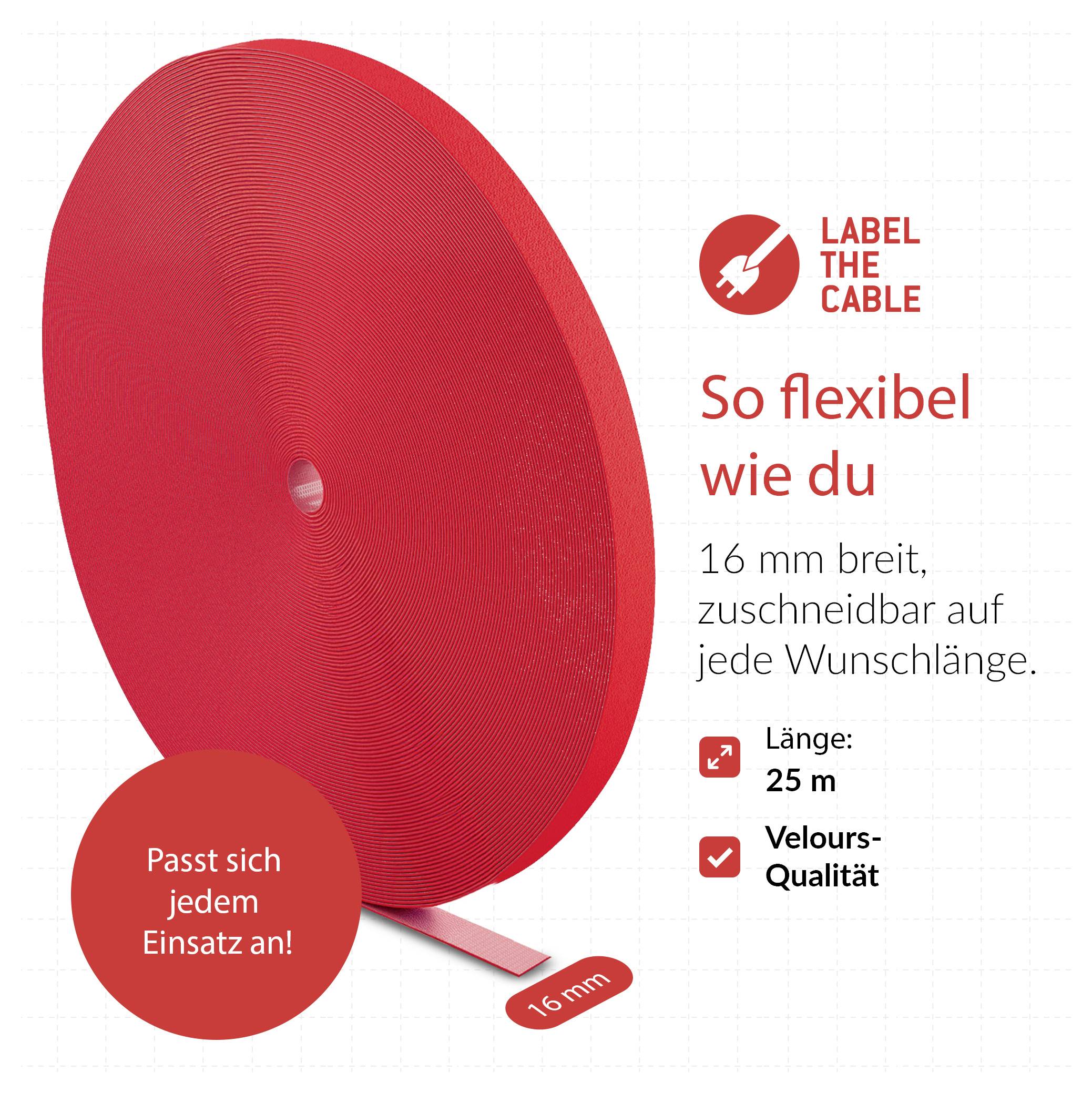 Red flexible cable label roll with German text advertising 'LABEL THE CABLE', 16 mm width, custom length, 25 m length, and velvet quality.