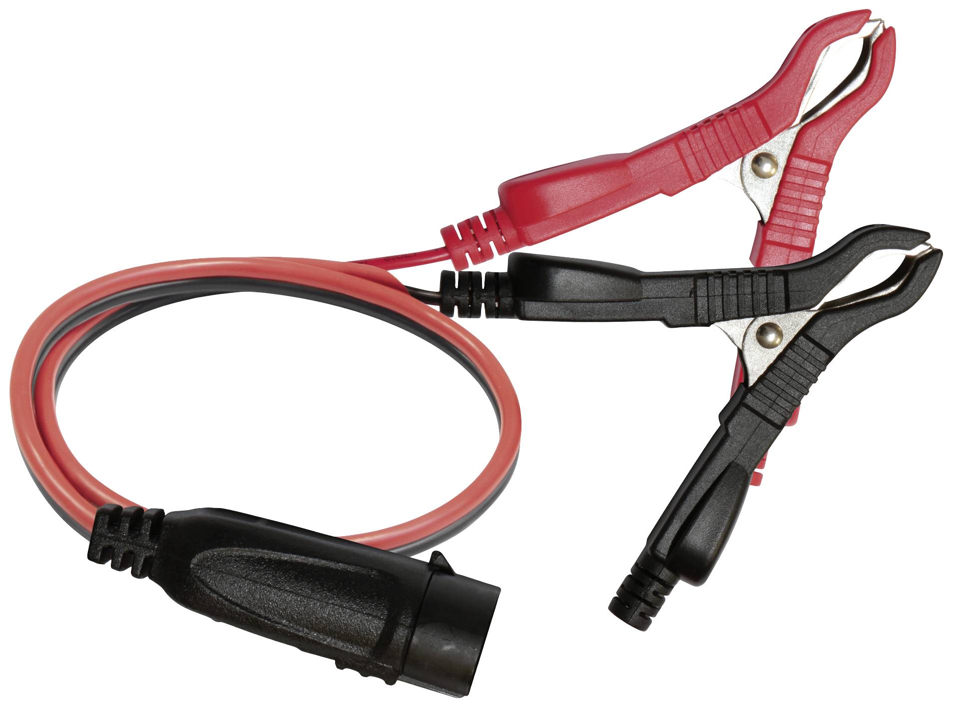 Rotes und schwarzes Starthilfekabel mit Krokodilklemmen an den Enden, geeignet für die Verbindung von Autobatterien.