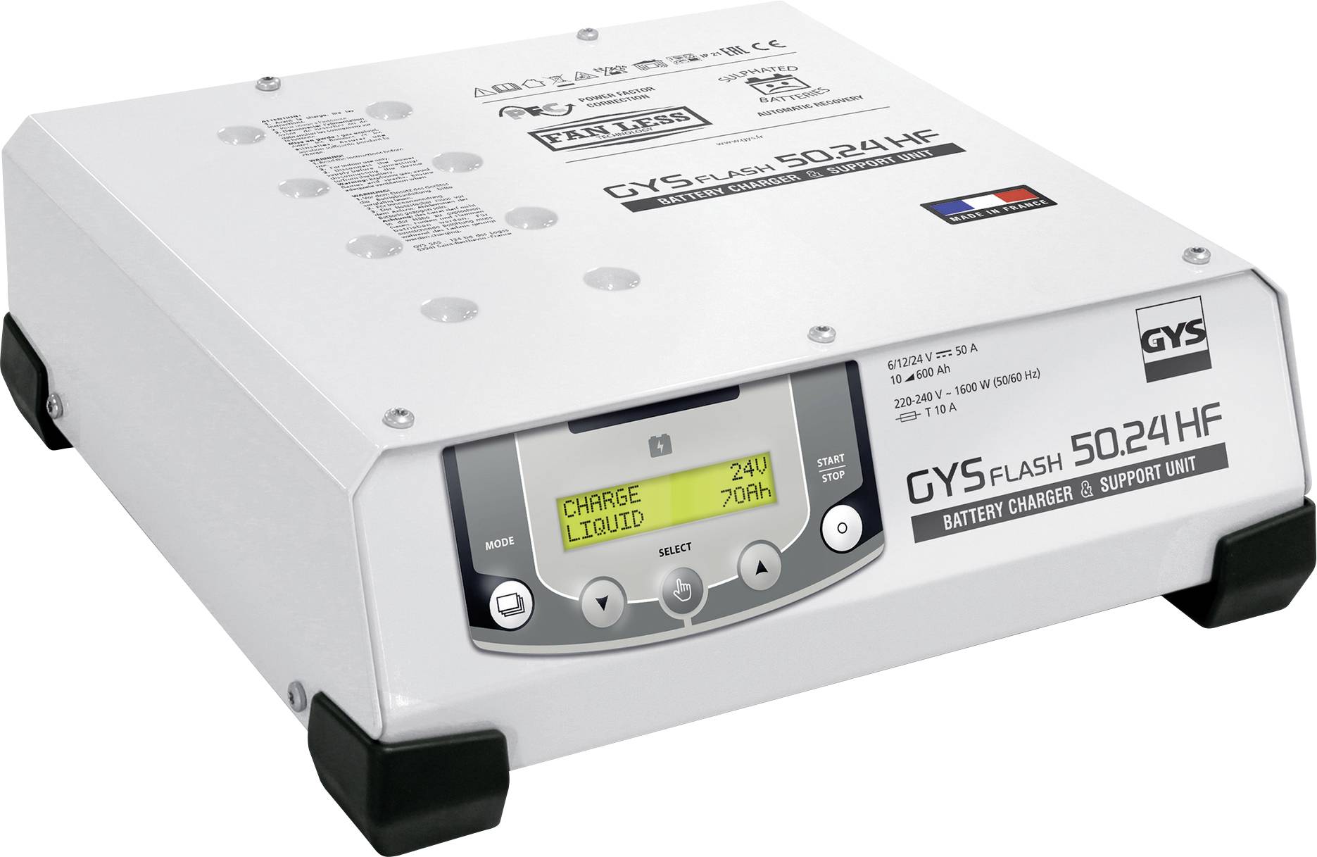 Ein GYSFlash 50.24 HF Batterieladegerät mit einem digitalen Display, das 'Charge Liquid 24V 70Ah' anzeigt. Gerät hat ein modernes, rechteckiges Design.