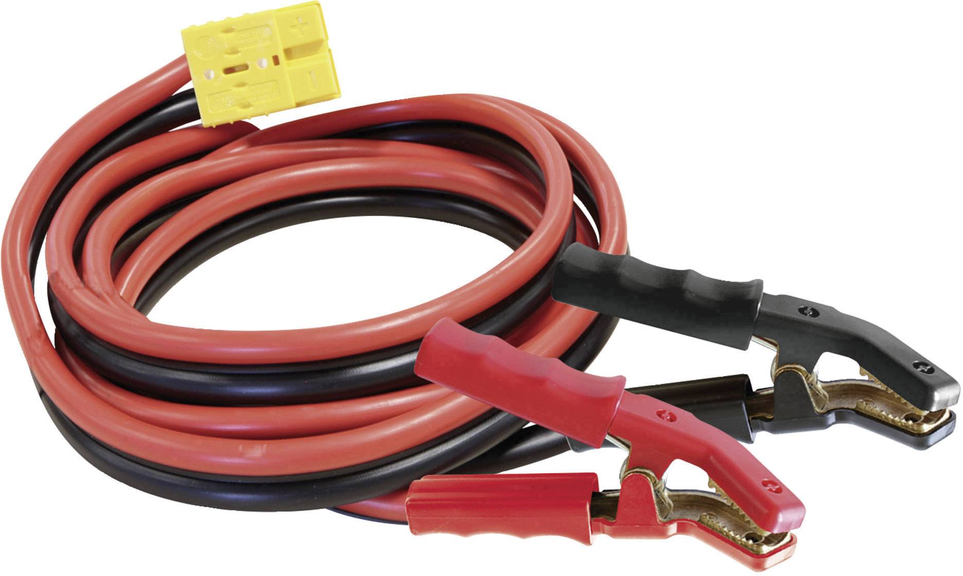 Rotes und schwarzes Starthilfekabel mit Klemmen, aufgerollt und bereit zur Verwendung, für das Überbrücken von Autobatterien.