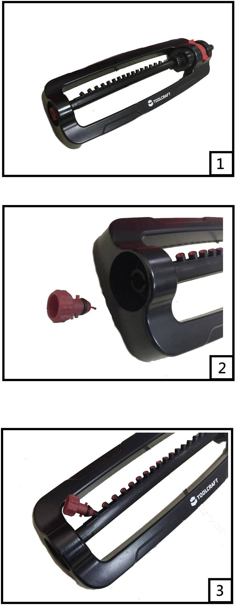 Drei Schritte zur Installation eines Schlauchanschlusses gezeigt. Bild 1: Anschluss in Verpackung. Bild 2: Teile getrennt. Bild 3: Anschluss vollständig montiert.