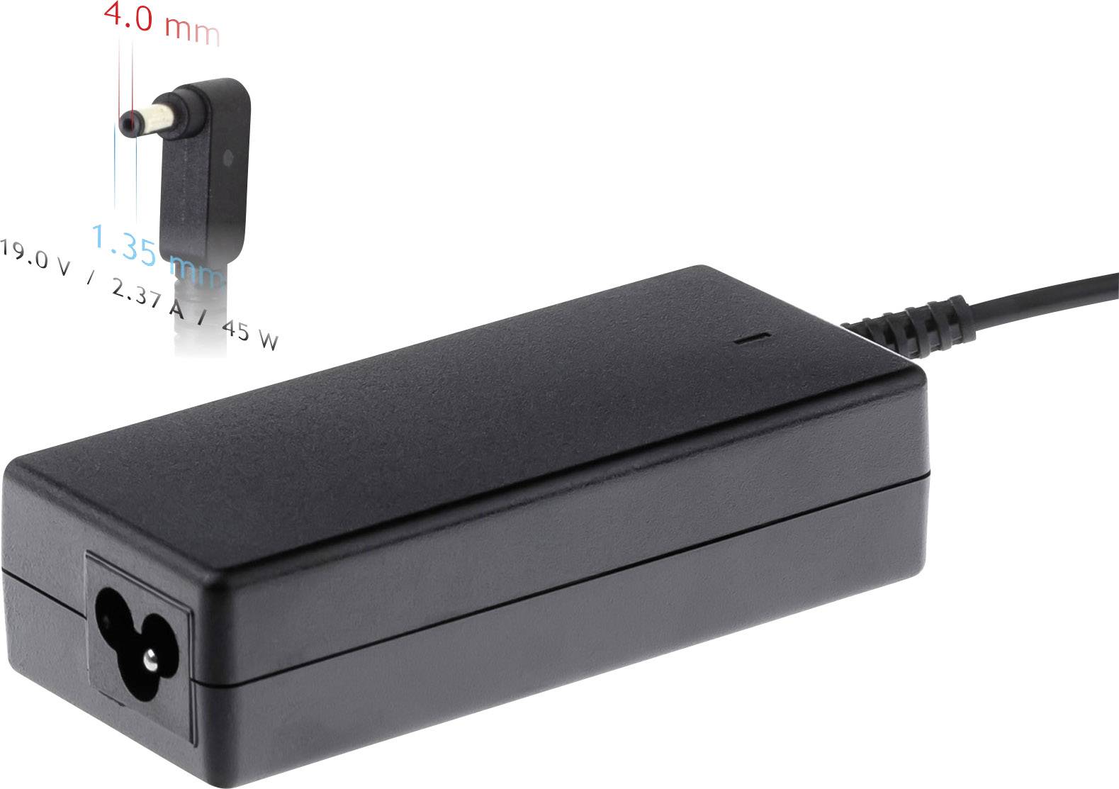 Schwarzes Netzteil für Elektronikgeräte mit abgewinkeltem Stecker; Spezifikationen: 19,0 V, 2,37 A, 45 W, Steckermaße: 4,0 mm x 1,35 mm.
