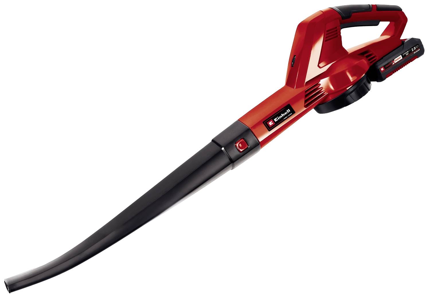 Akkubetriebener Laubbläser in Rot und Schwarz, langes Gebläserohr, ideal zur Reinigung von Laub und kleinen Gartenabfällen.
