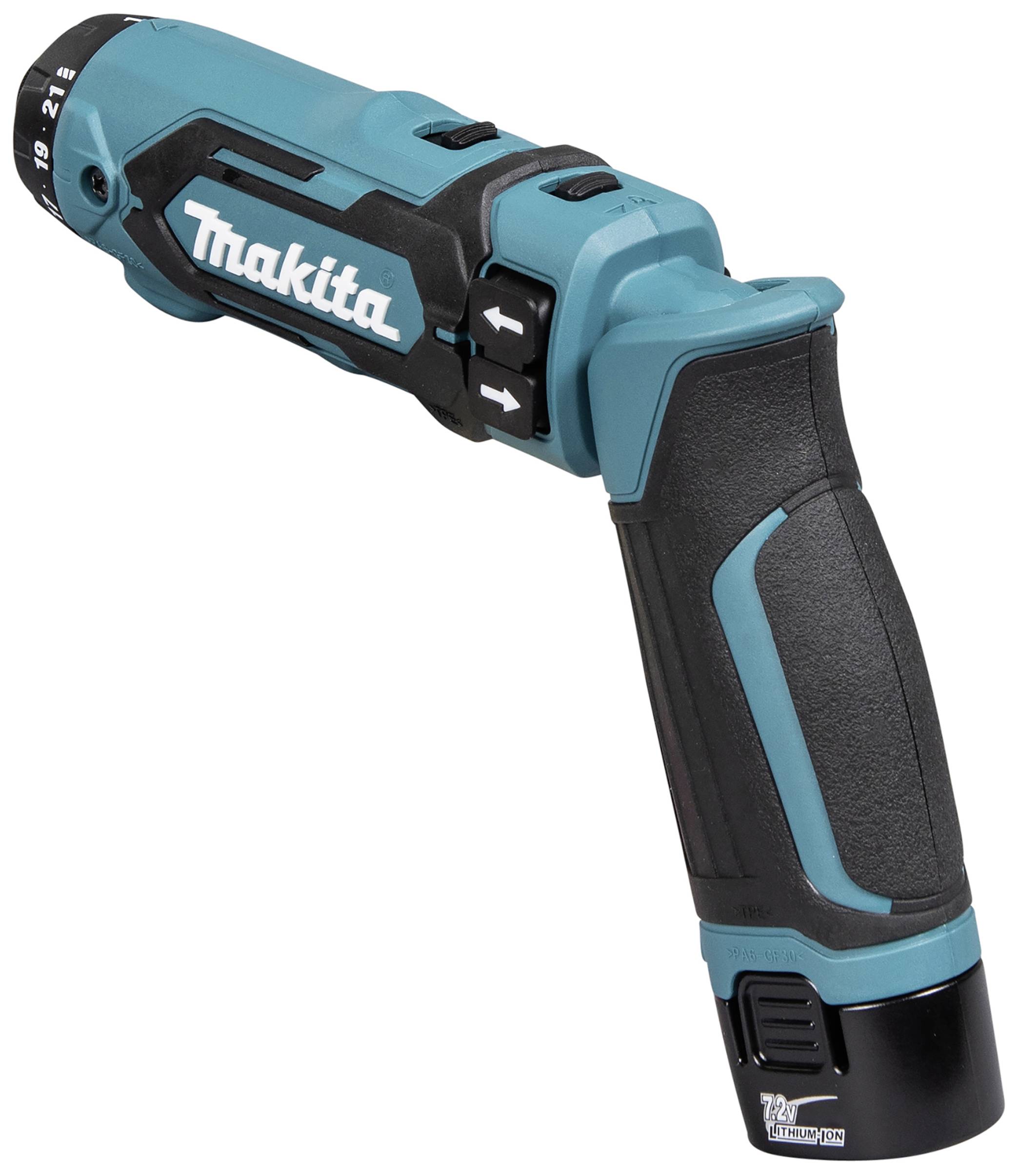 Akkubohrschrauber mit ergonomischem Griff, blau-schwarzes Design, Markenname 'Makita', geeignet für Heimwerkerarbeiten.