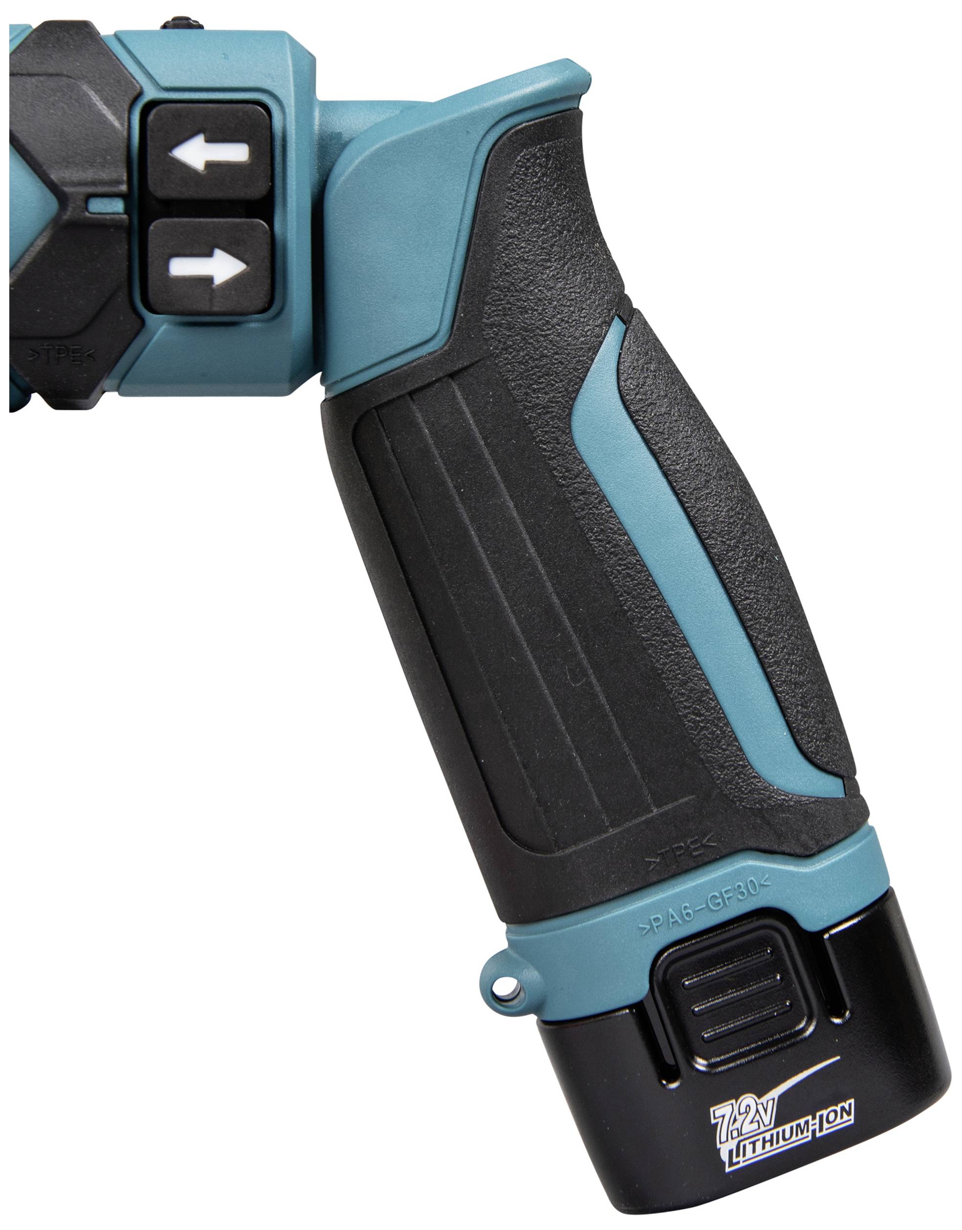 Blauer und schwarzer Griff eines Akkugeräts mit zwei Richtungspfeiltasten und Lithium-Ionen-Batterieanzeige '7.2V'.