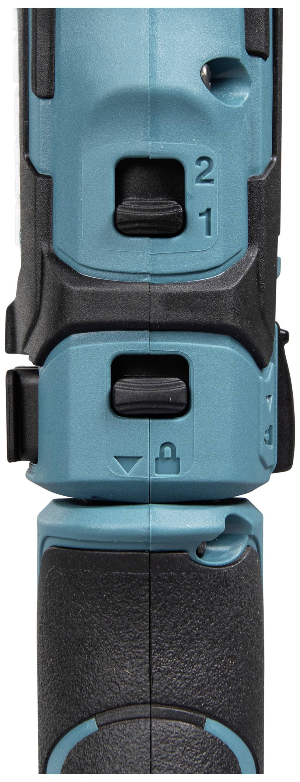 Nahaufnahme eines blauen und schwarzen elektrischen Werkzeugs mit Schalthebel für Geschwindigkeitsstufen und Sicherheitsschalter.