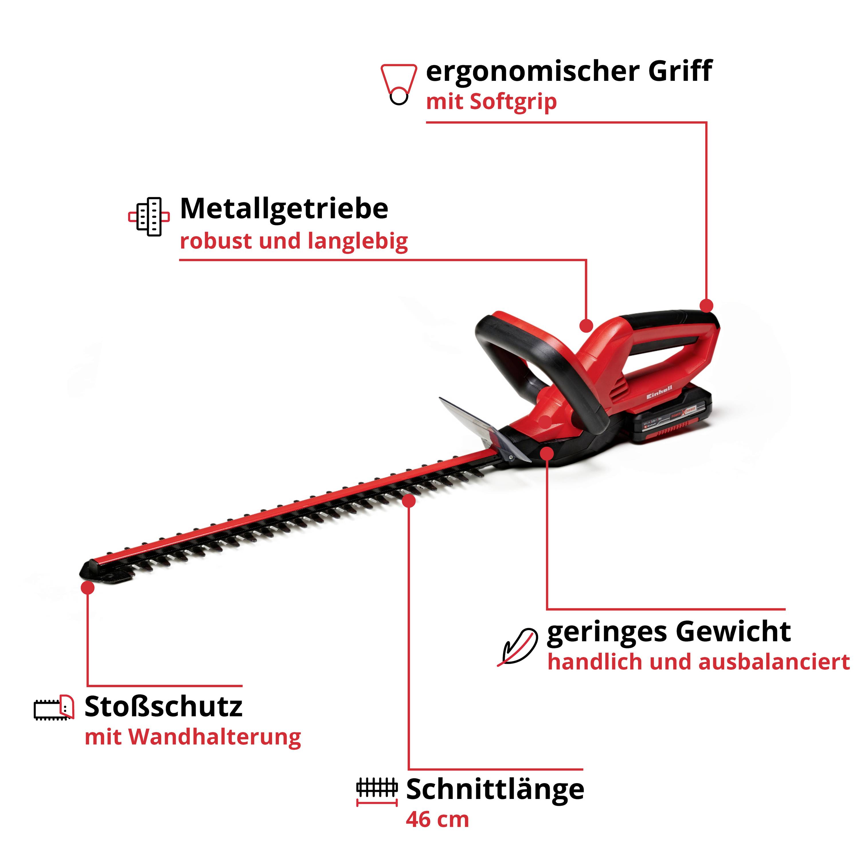 Rote Heckenschere mit ergonomischem Griff, Metallgetriebe, Stoßschutz und 46 cm Schnittlänge. Geringes Gewicht, handlich und ausbalanciert.