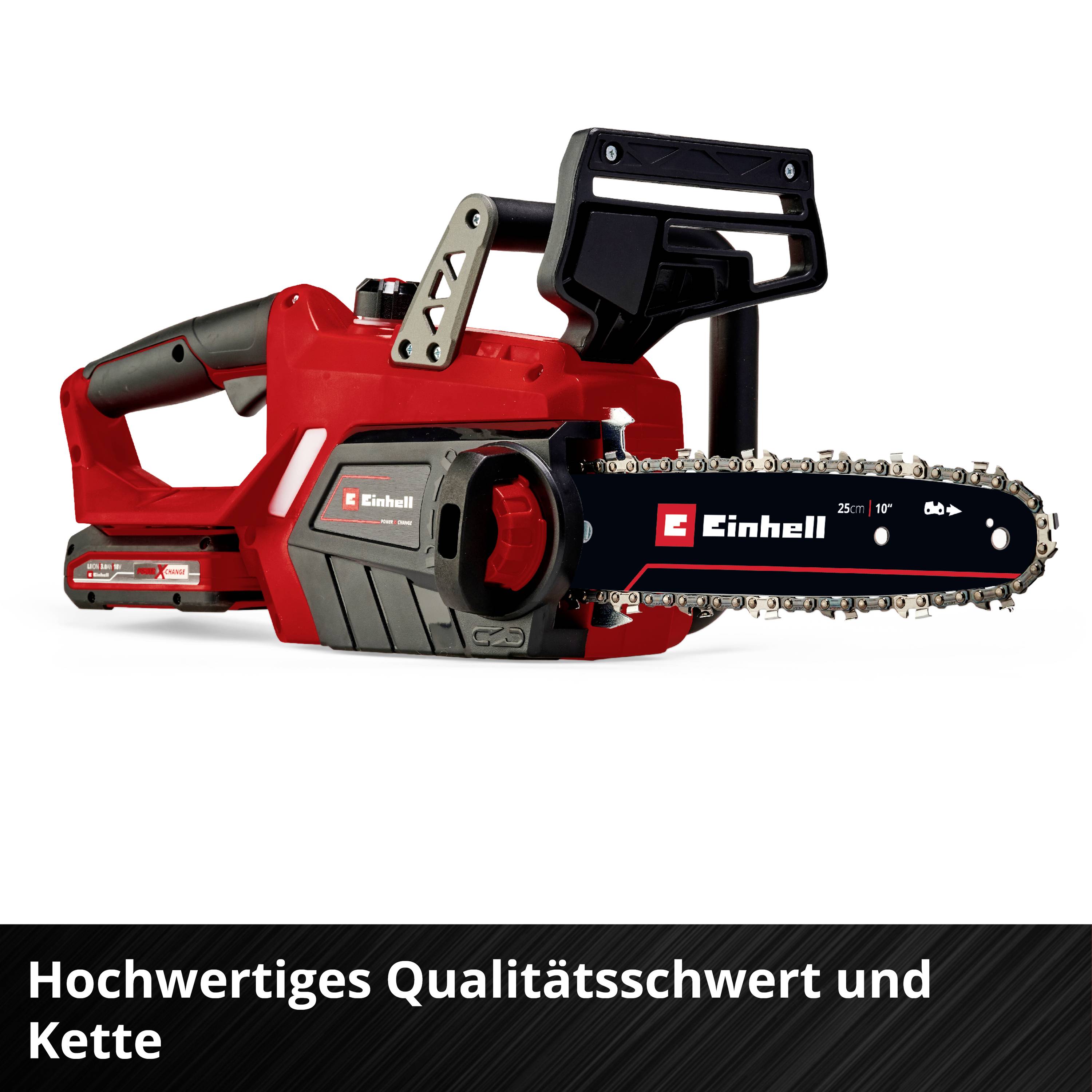 Eine rote Kettensäge mit der Aufschrift 'Einhell'. Texto am Bildrand: 'Hochwertiges Qualitätsschwert und Kette'.