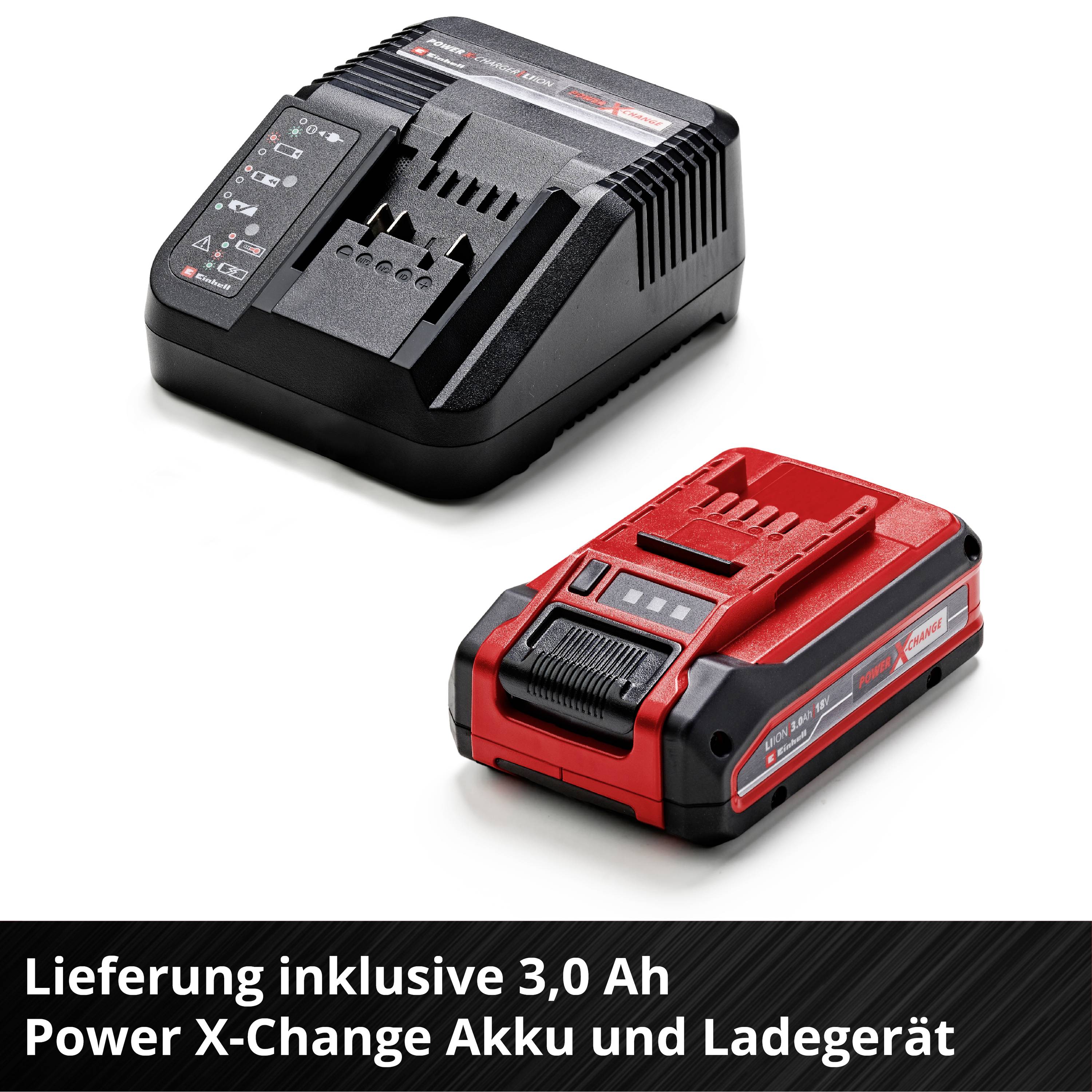 Akku und Ladegerät von Power X-Change auf weißem Hintergrund. Text betont die Lieferung inklusive 3,0 Ah Akku und Ladegerät.