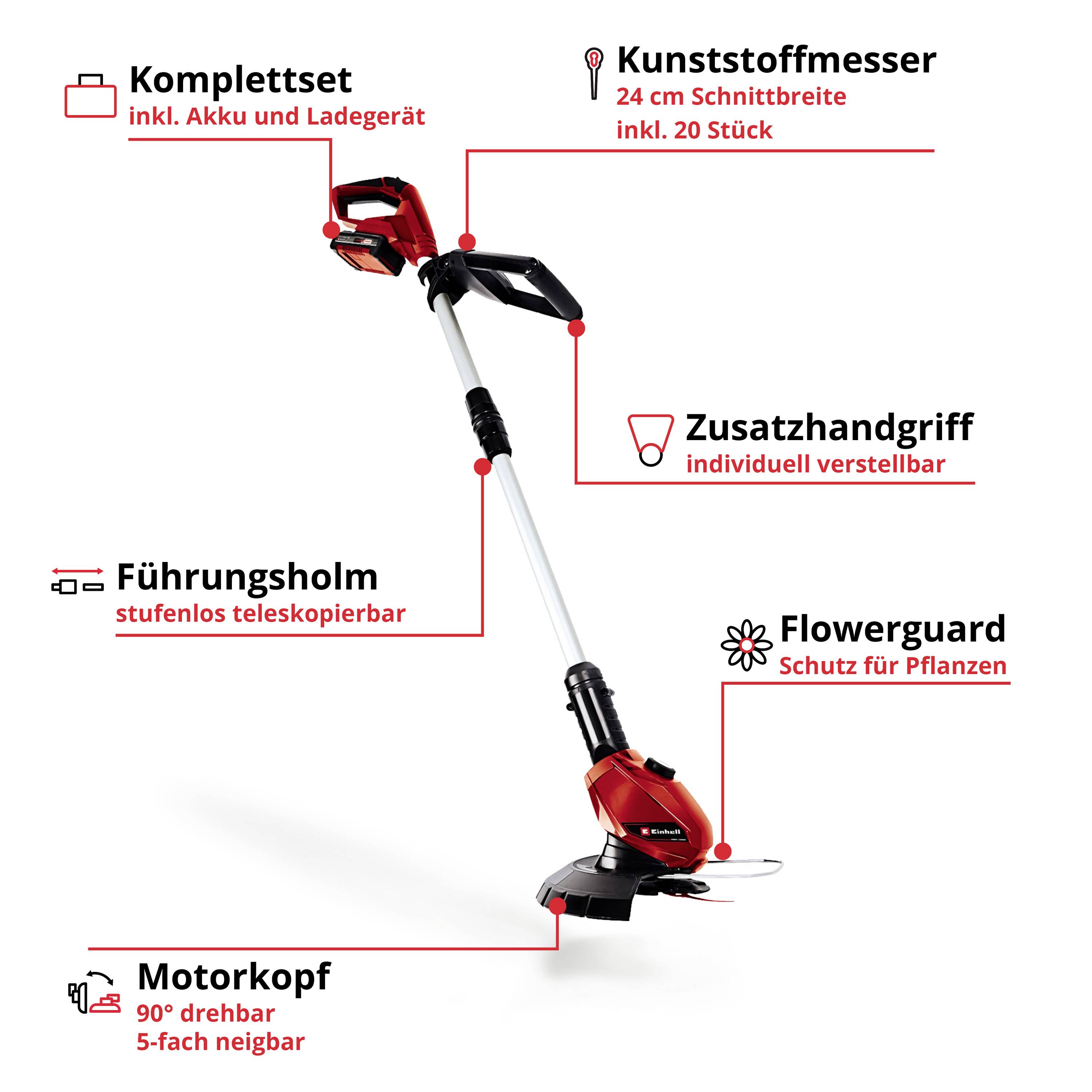 Ein roter Rasentrimmer mit verstellbarem Zusatzhandgriff, Kunststoffmesser, Führungsholm, drehbarem Motorkopf und Flowerguard.