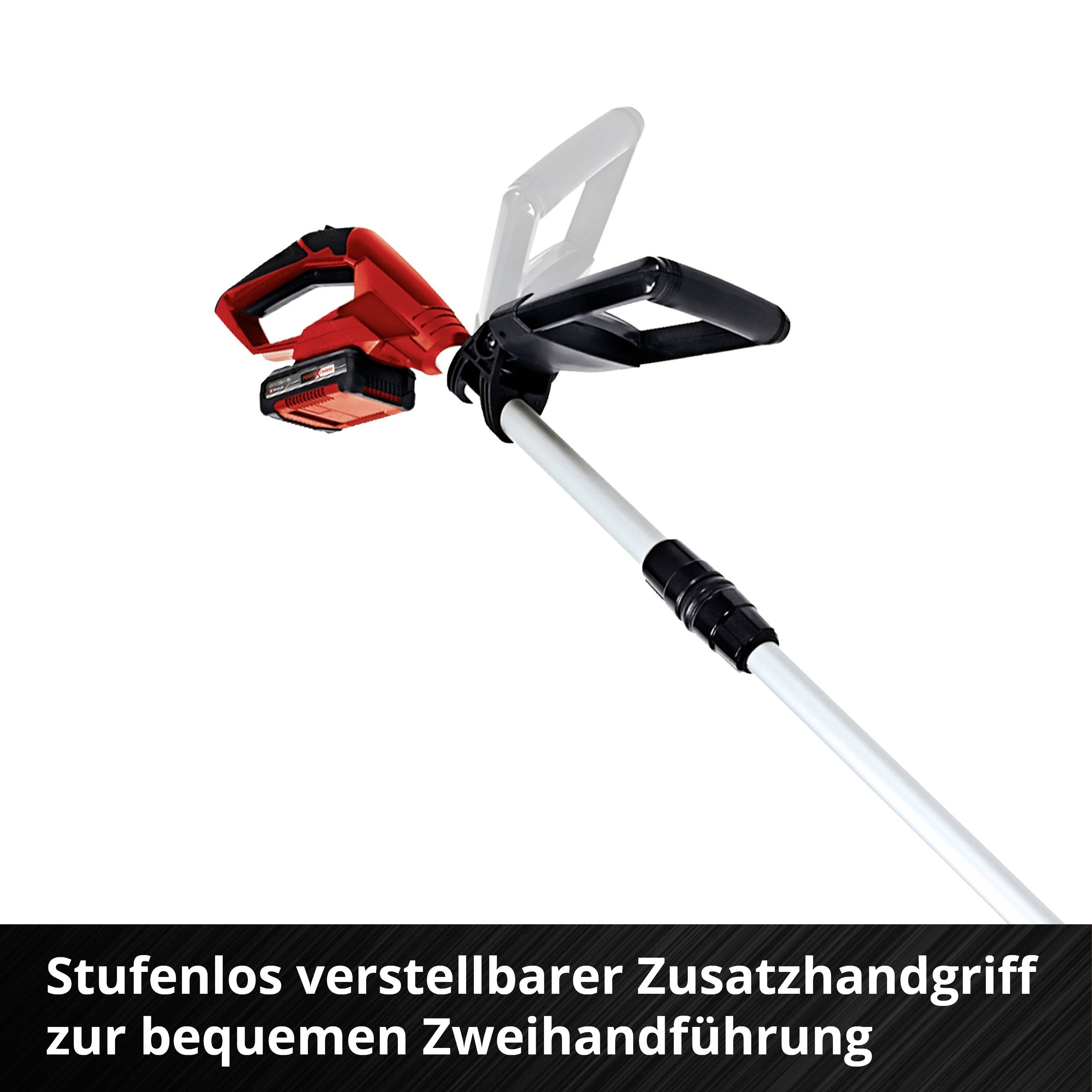 Stufenlos verstellbarer Zusatzhandgriff an einem Gartengerät für bequeme Zweihandführung, abgebildet mit Textinformation.