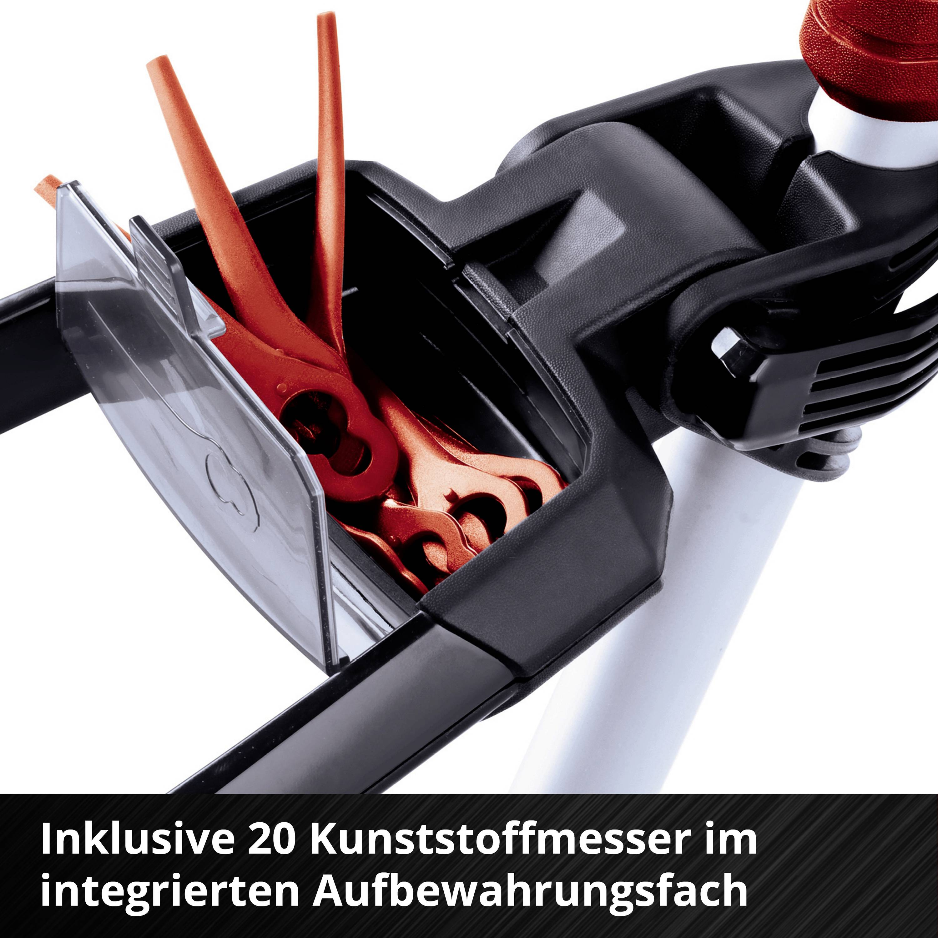 Rasenmäher mit integriertem Fach; zeigt herausnehmbare Kunststoffmesser. Text: 'Inklusive 20 Kunststoffmesser im integrierten Aufbewahrungsfach'.