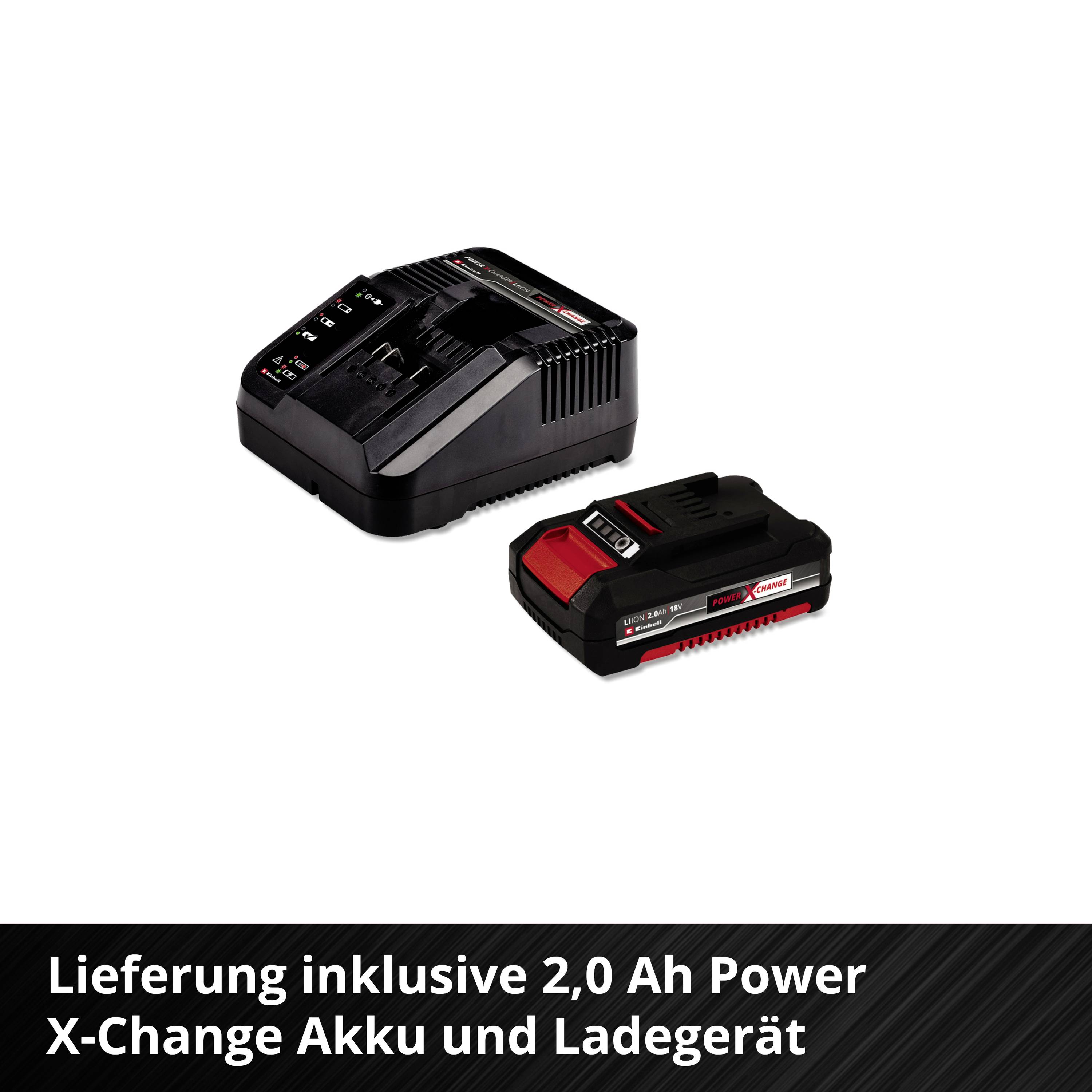 Ein Set bestehend aus einem Ladegerät und einem 2,0 Ah Power X-Change Akku. Text: 'Lieferung inklusive 2,0 Ah Power X-Change Akku und Ladegerät'.