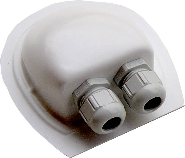 Weiße Kunststoffabdeckung mit zwei Kabeldurchführungen, oft genutzt für Dachinstallationen bei Solarmodulen zur Kabelsicherheit.