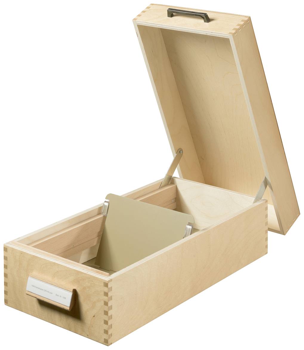 HAN 1005 Karteikasten Naturholz max. Anzahl der Karten: 1.500 Karten DIN A5 quer mit Metallstütze, wegklappbarer Deckel mit Griff