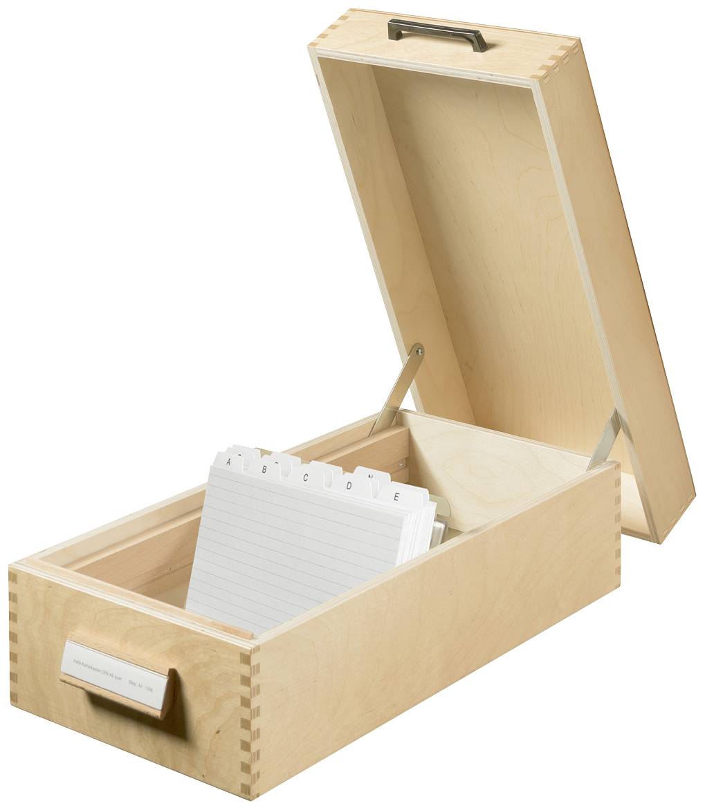 HAN 1005 Karteikasten Naturholz max. Anzahl der Karten: 1.500 Karten DIN A5 quer mit Metallstütze, wegklappbarer Deckel mit Griff