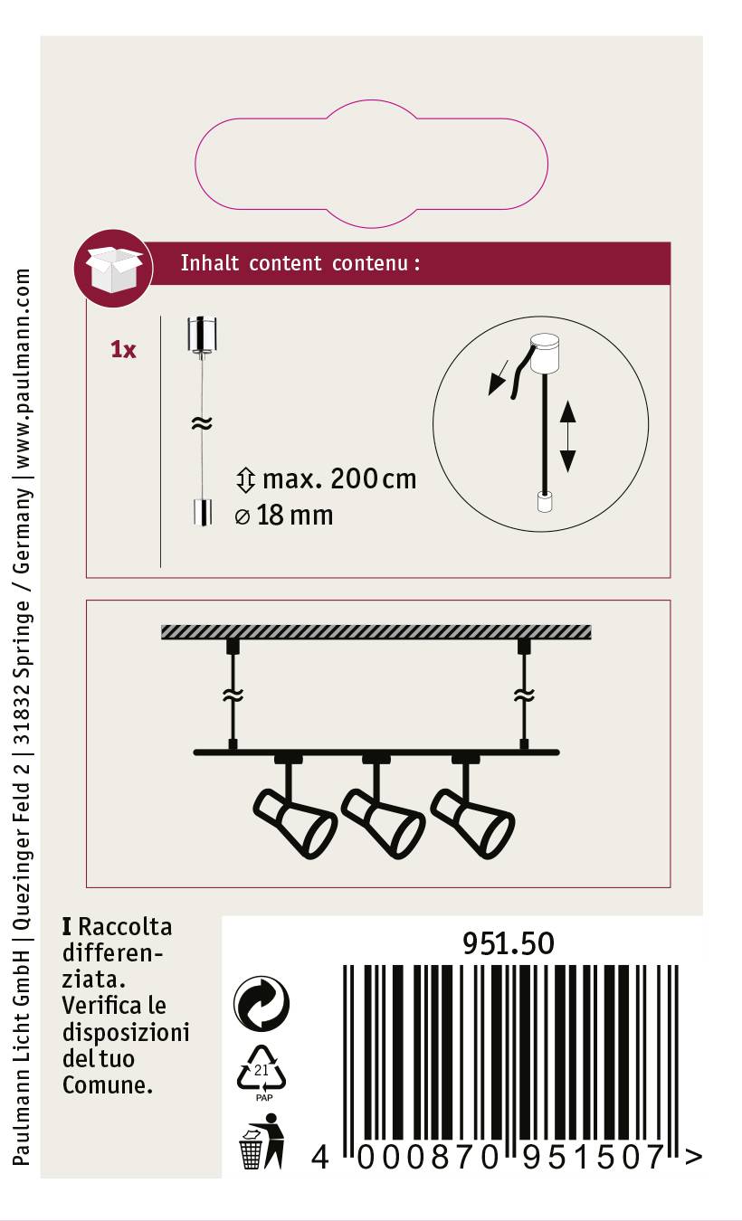 Paulmann 95150 VariLine Hochvolt-Schienensystem-Komponente Seilabhängung Aluminium (gebürstet)