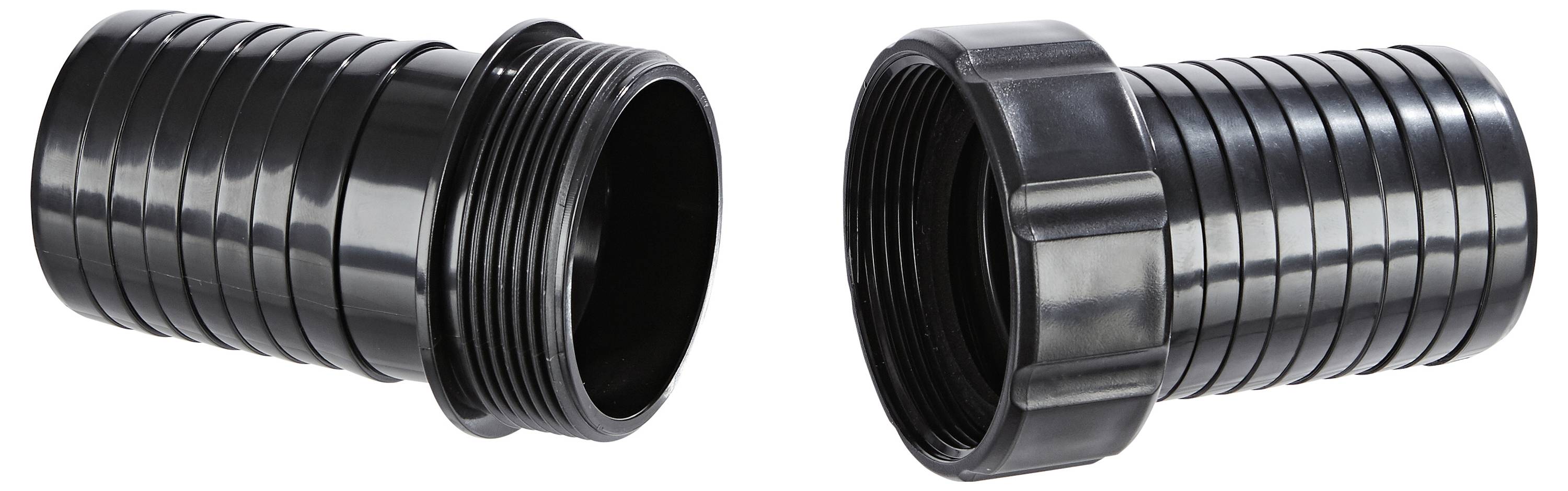 Zwei schwarze Kunststoff-Gewindeanschlüsse, einer mit Außengewinde und der andere mit Innengewinde, nebeneinander positioniert.