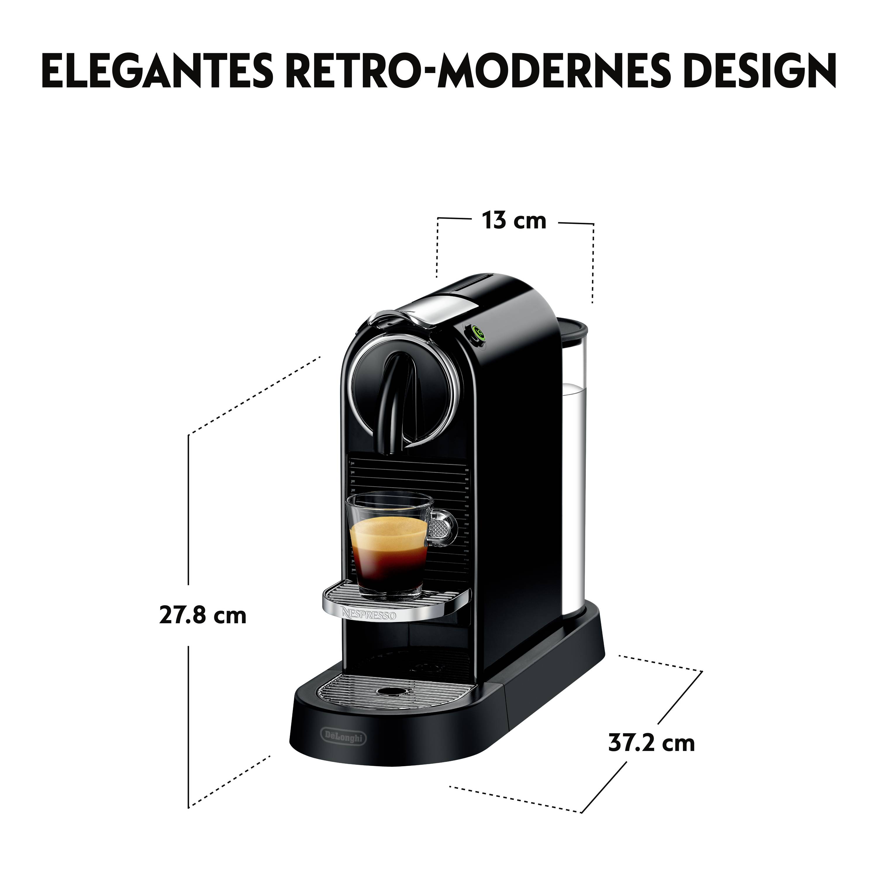 Nespresso-Maschine mit Retro-Design, Maße: 13 cm Breite, 27.8 cm Höhe, 37.2 cm Tiefe. Elegant und modern.