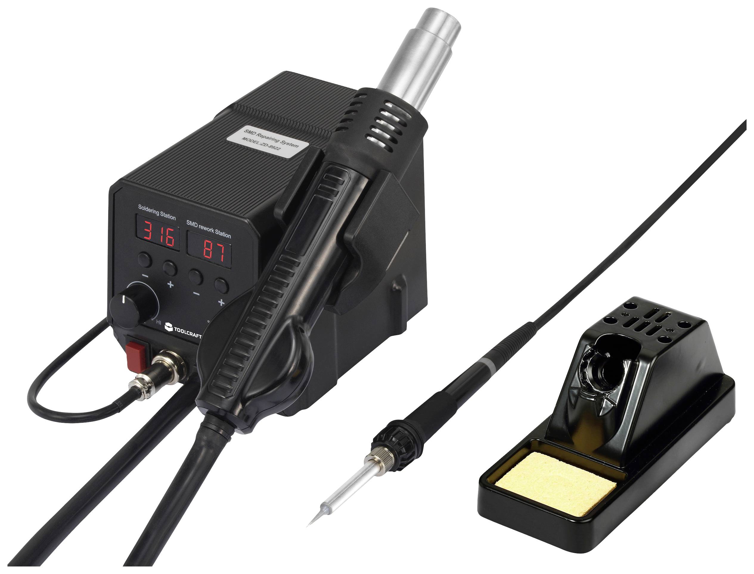 Lötstation mit digitalem Display, zeigt Temperaturen an. Inklusive Lötkolbenhalterung mit Reinigungsschwamm. Ideal für Elektronikarbeiten.