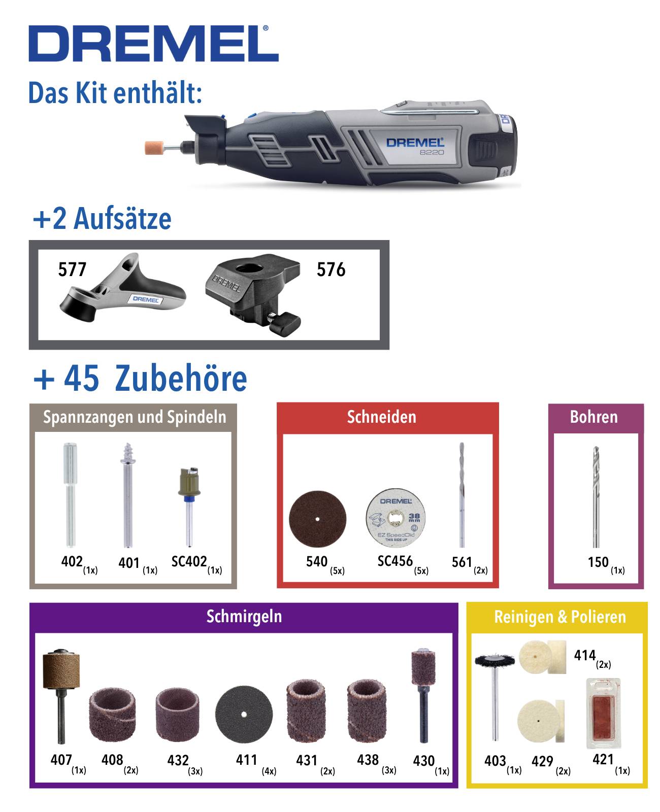 Dremel 8220-2/45 F0138220JF Akku-Multifunktionswerkzeug inkl. Akku, mit Zubehör, inkl. Koffer 12 V 2 Ah