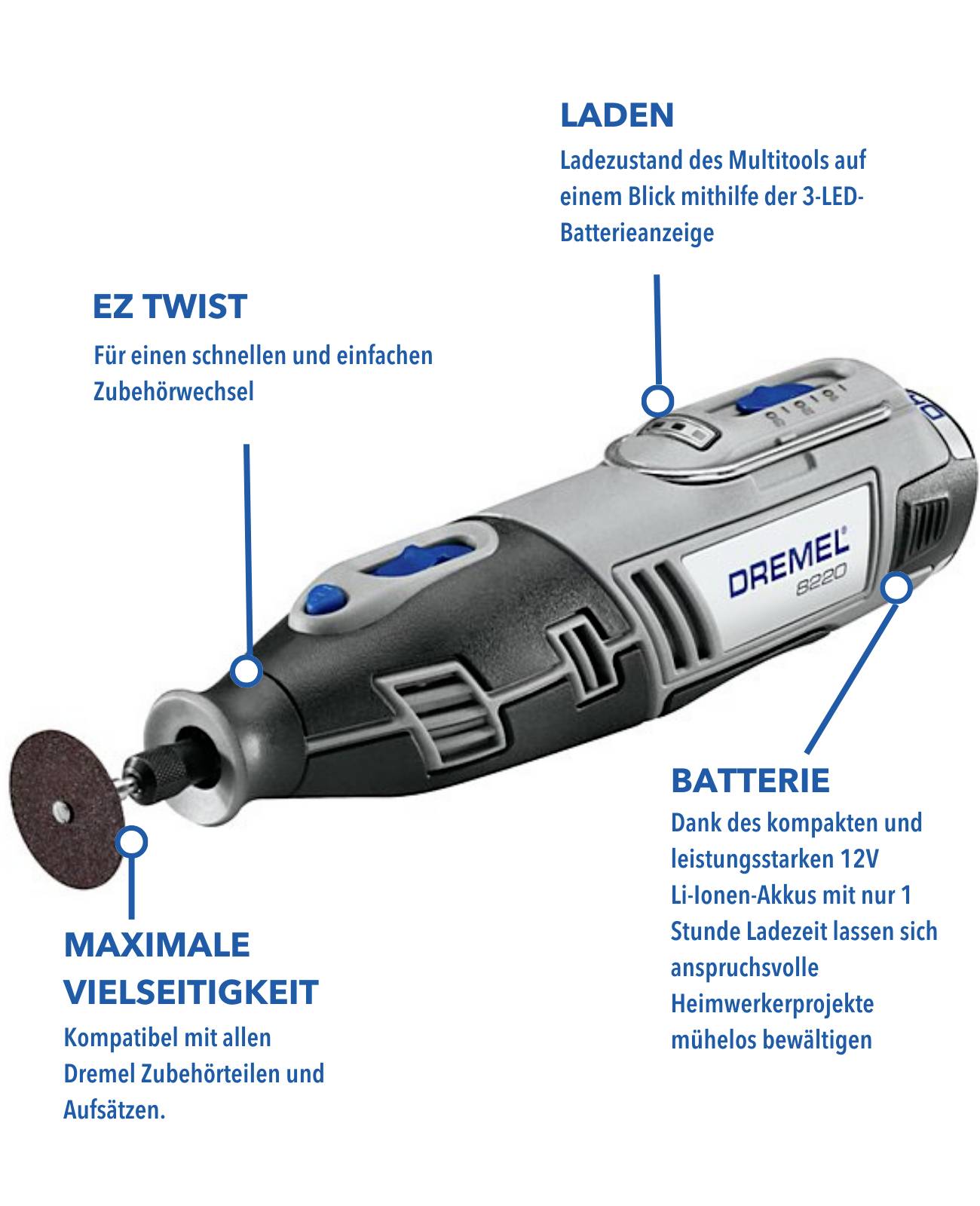 Dremel 8220-2/45 F0138220JF Akku-Multifunktionswerkzeug inkl. Akku, mit Zubehör, inkl. Koffer 12 V