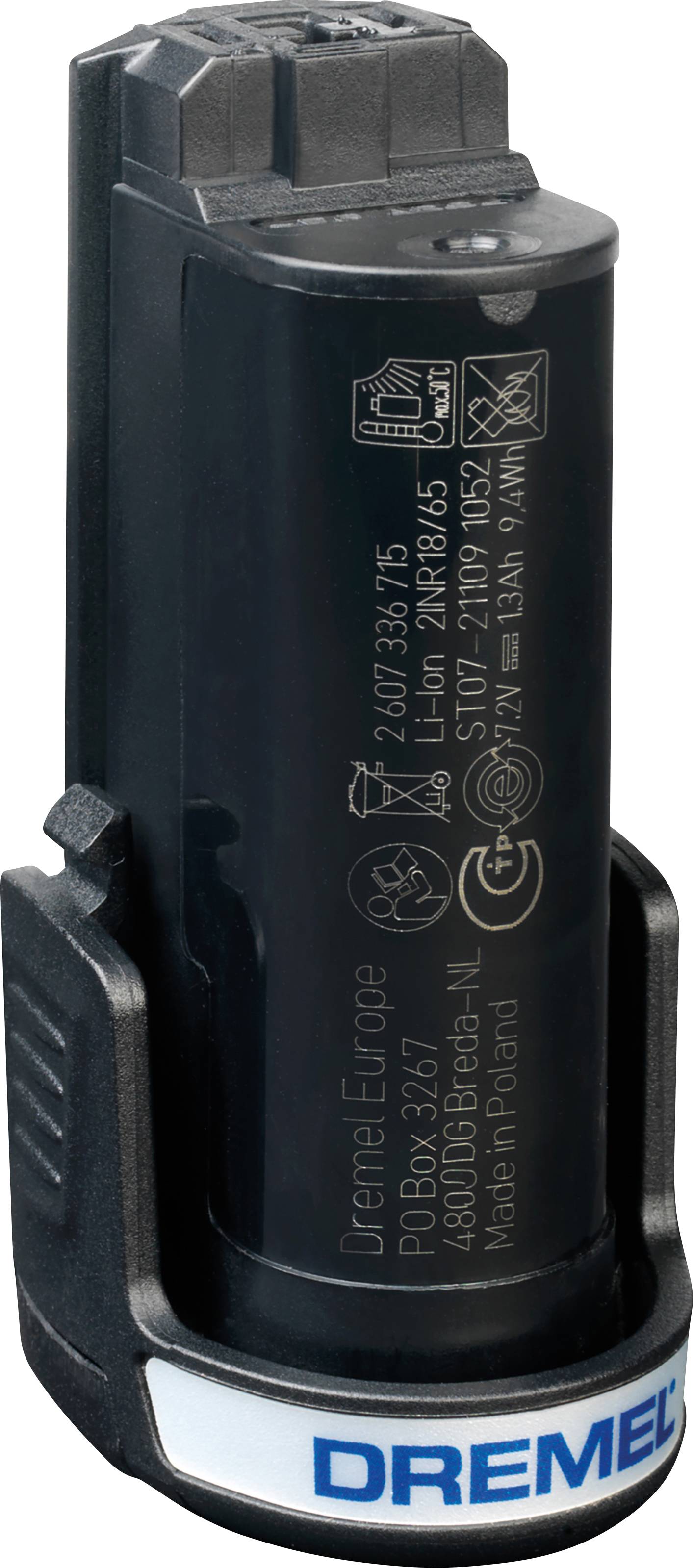 Ein schwarzer Dremel Lithium-Ionen-Akku mit Aufschrift und blauen Details an der Basis, steht vertikal in einer Ladestation.