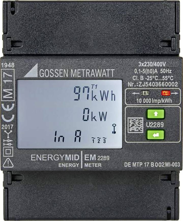 Ein digitaler Energiezähler zeigt 97 kWh, 0 kW und Stromstärke in Ampere an. Umgebungstemperatur ist 25°C. Hersteller: Gossen Metrawatt.