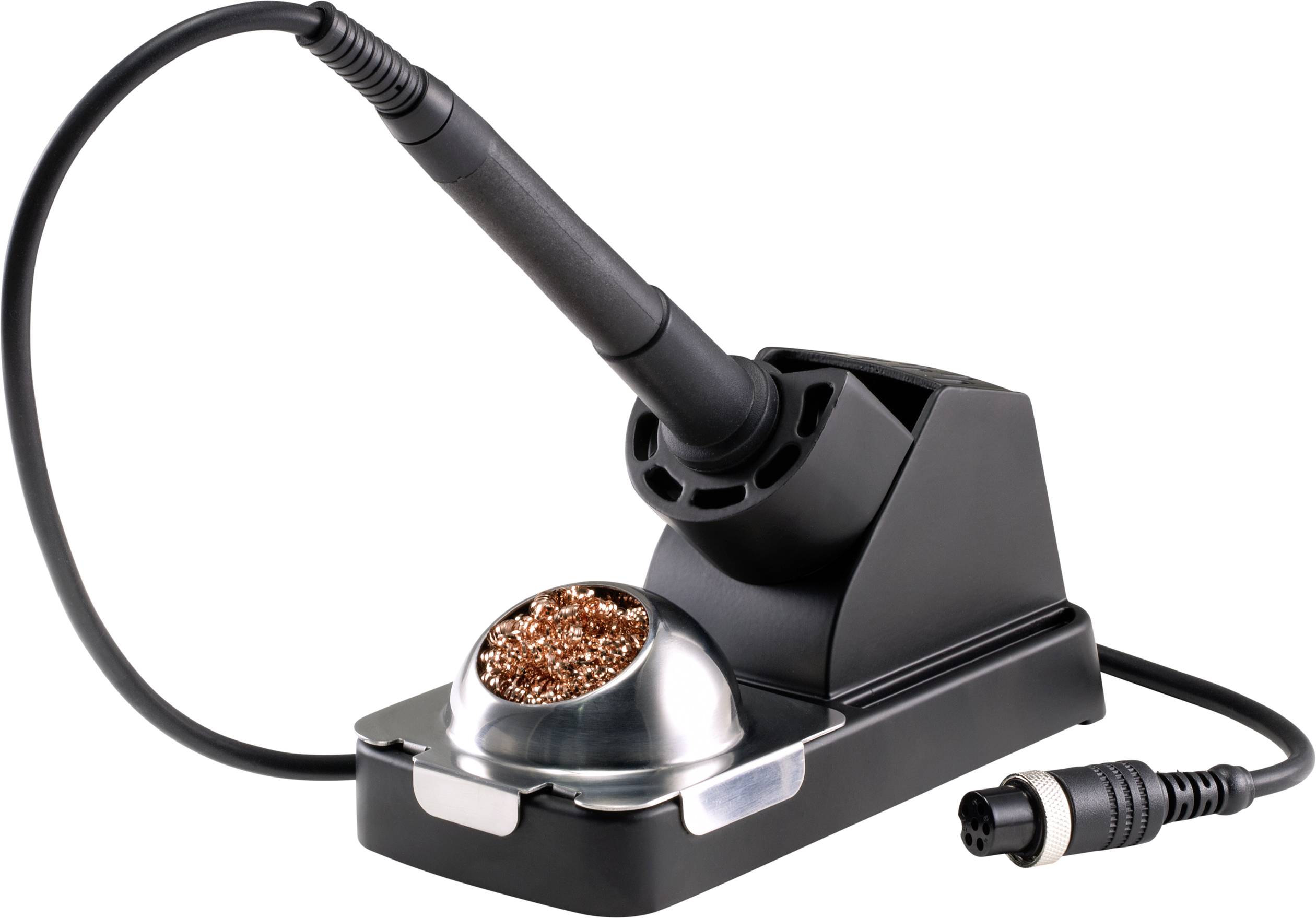 Lötkolben mit Halterung und Reinigungswolle. Der Lötkolben ist über ein Kabel verbunden und ruht in der Station.