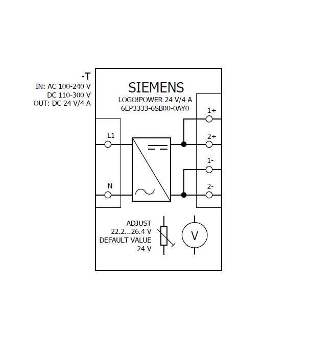 Diagramm zeigt ein Siemens LOGO!Power Netzteil. Eingang: AC 100-240 V, Ausgang: DC 24 V/4 A. Einstellbarer Bereich: 22,2-26,4 V. Standard: 24 V.