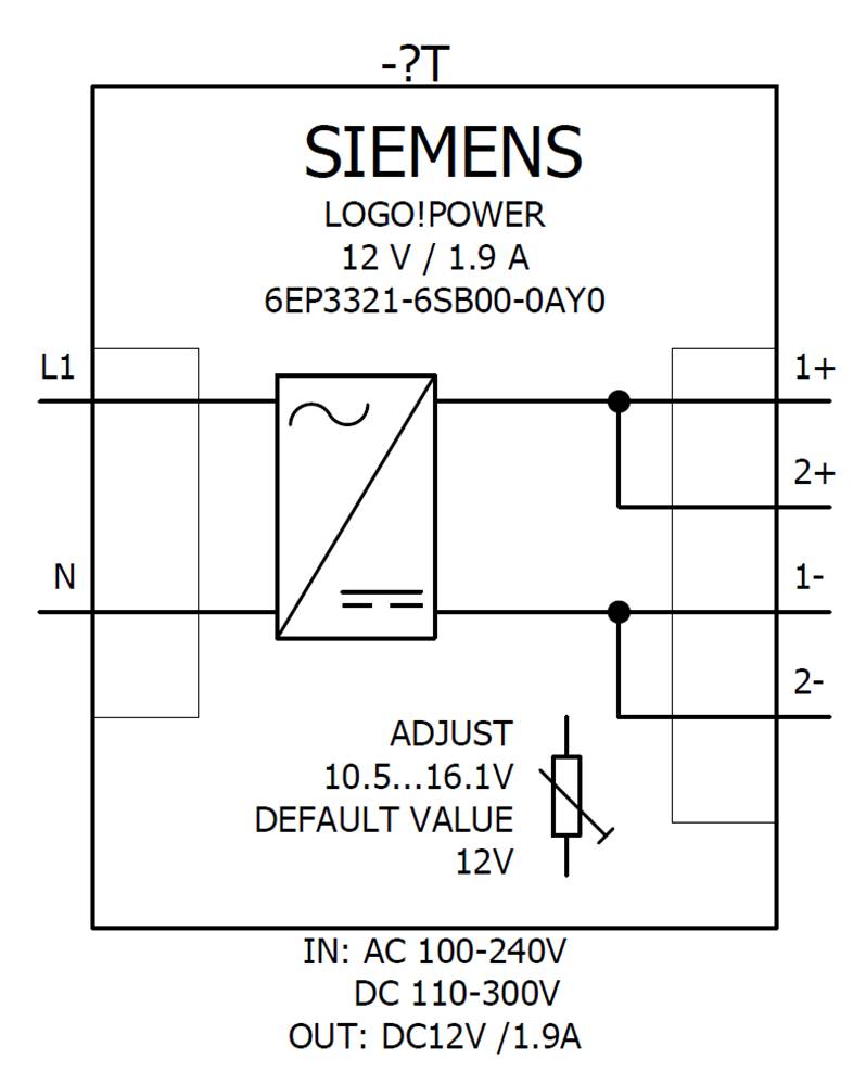 Schaltplan eines Siemens Logo!Power Netzteils. Zeigt elektrische Anschlüsse L1, N, 1+, 2+, 1-, 2- mit Justiereinstellung für 12 V.