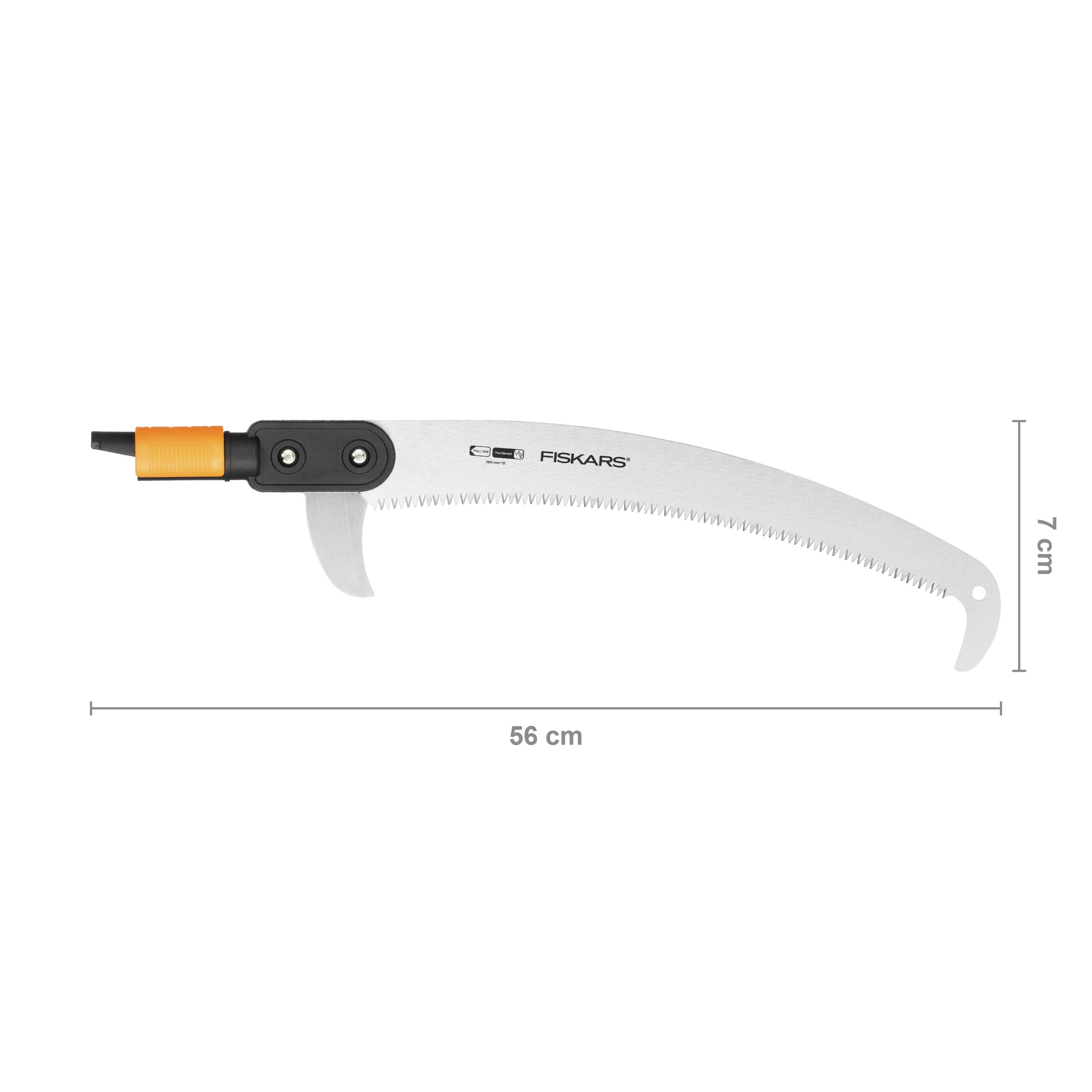 Gebogene Astsäge von Fiskars, Gesamtlänge 56 cm, Höhe 7 cm. Ideal zum Schneiden von Zweigen in schwer zugänglichen Bereichen.