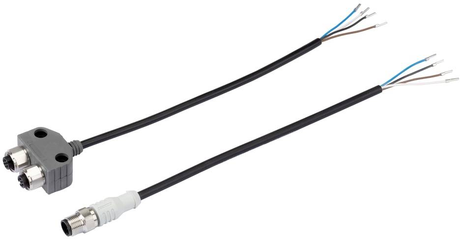 Ein Y-Kabel mit einem doppelten Stecker an einem Ende und einem einzelnen Stecker am anderen Ende, geeignet für elektrische Verbindungen.