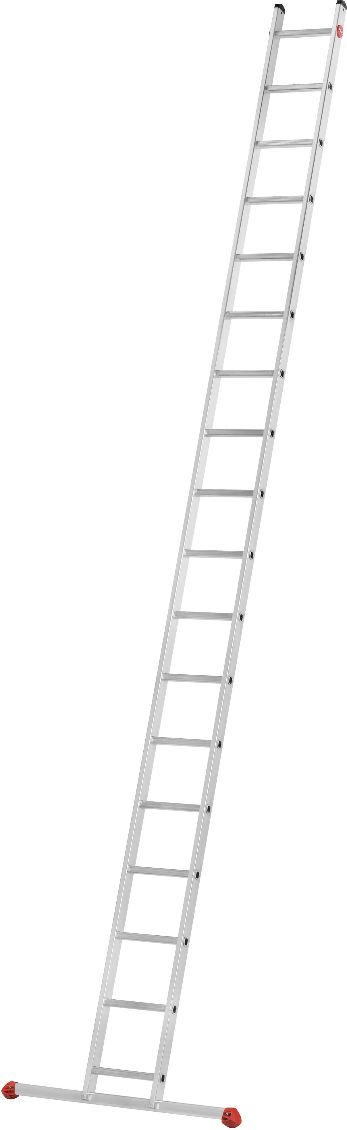 Eine lange Aluminiumleiter mit vielen Sprossen, die schräg nach oben verläuft, geeignet für hohe Arbeiten und schwer zugängliche Bereiche.