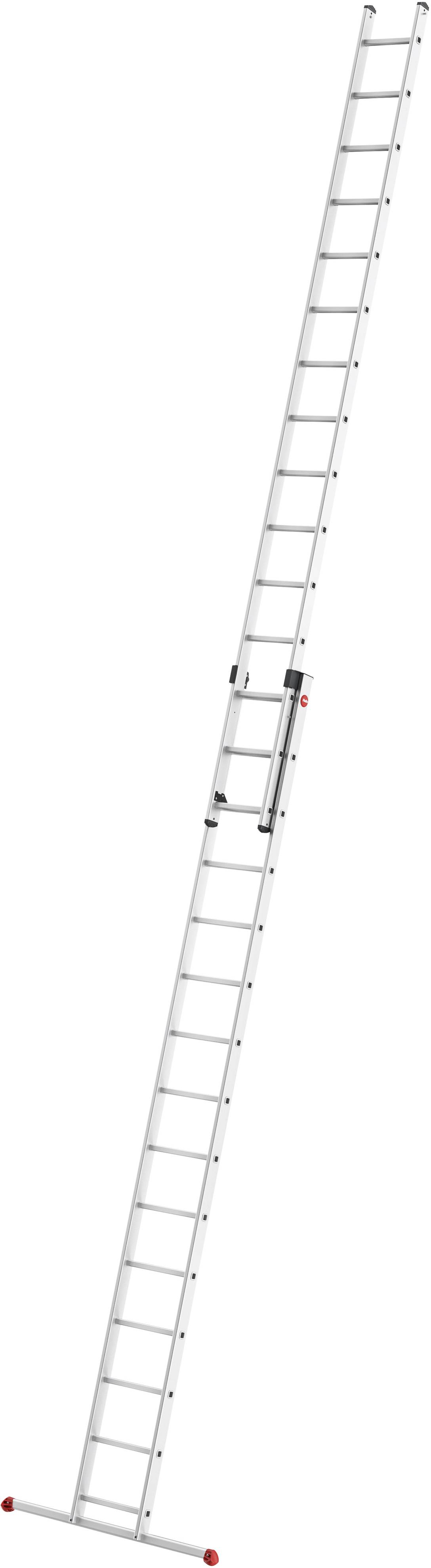 Aluminium-Teleskopleiter, ausgezogen, mit roten Kappen an den Enden. Geeignet für hohe Reichweiten und kompakte Lagerung.