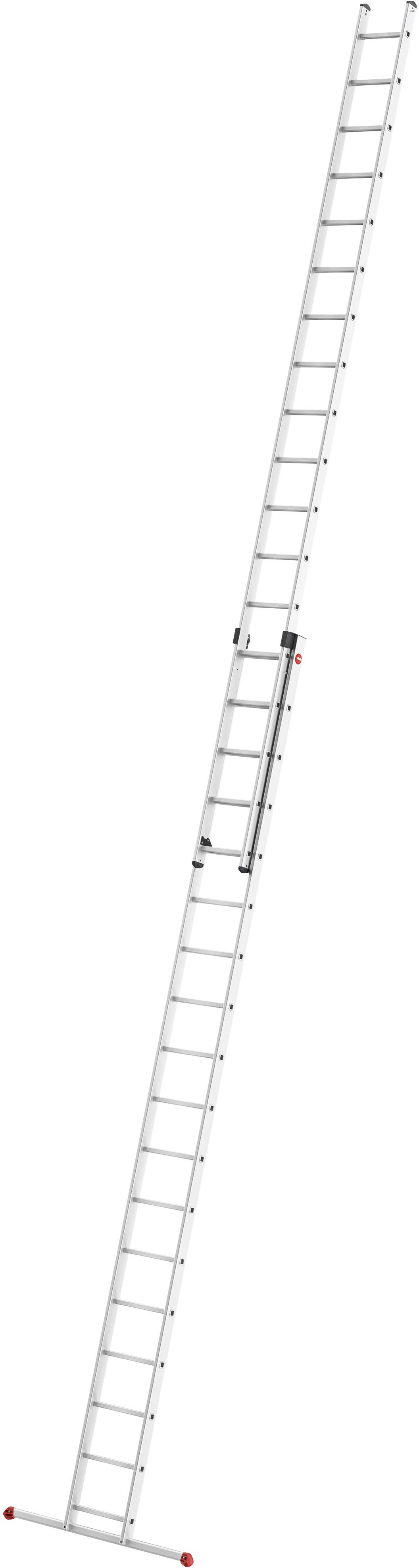 Eine lange, ausgefahrene Aluminiumleiter, die schräg steht. Sie hat mehrere Sprossen und ist für Arbeiten in großer Höhe geeignet.