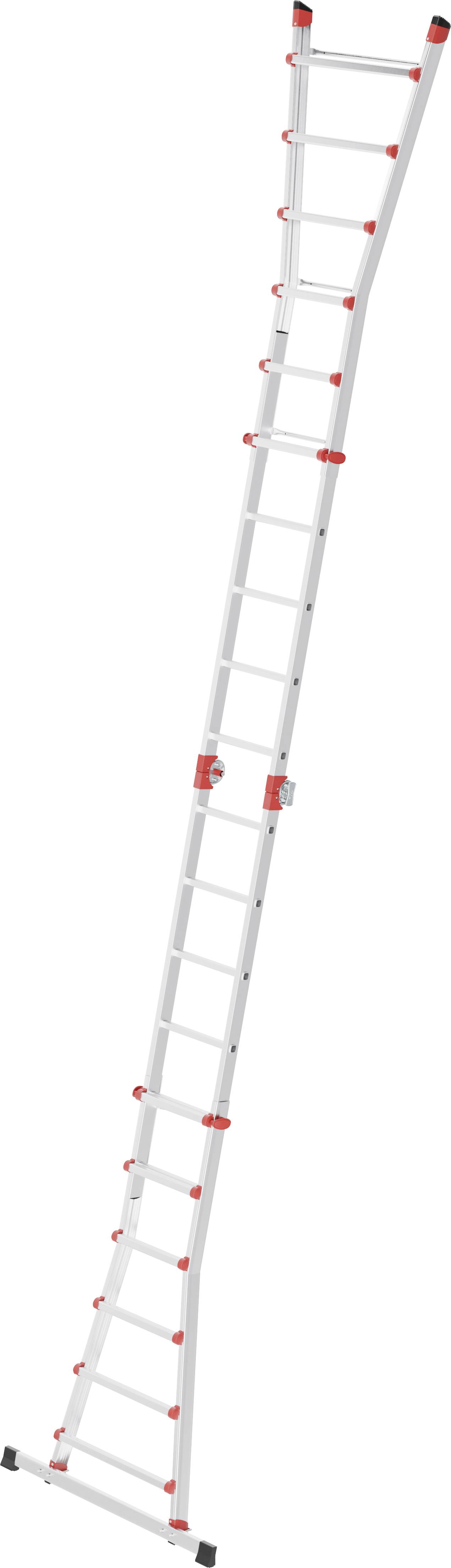 Eine lange, weiße Teleskopleiter mit roten Sicherheitskappen steht vollständig ausgezogen.