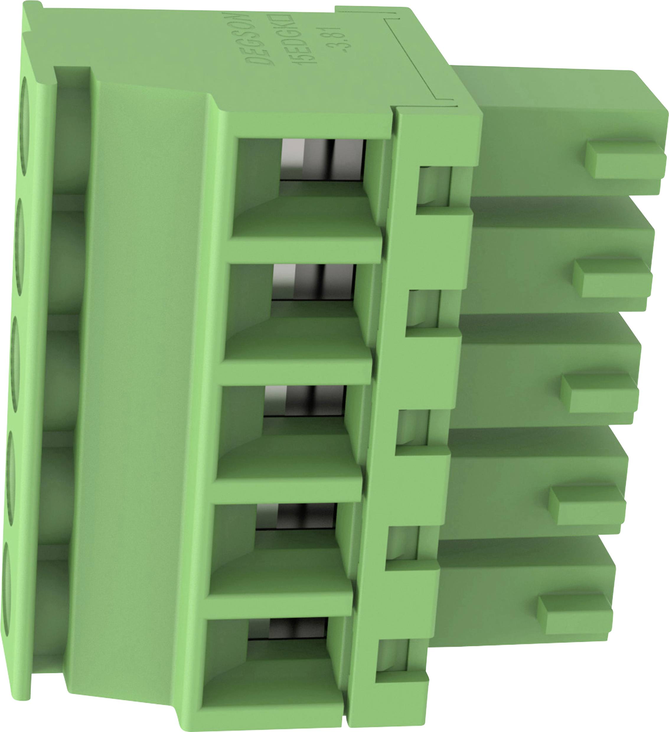 Nahaufnahme eines grünen Mehrpin-Elektrosteckverbinders mit rechteckigen Buchsen, vor weißem Hintergrund gezeigt.