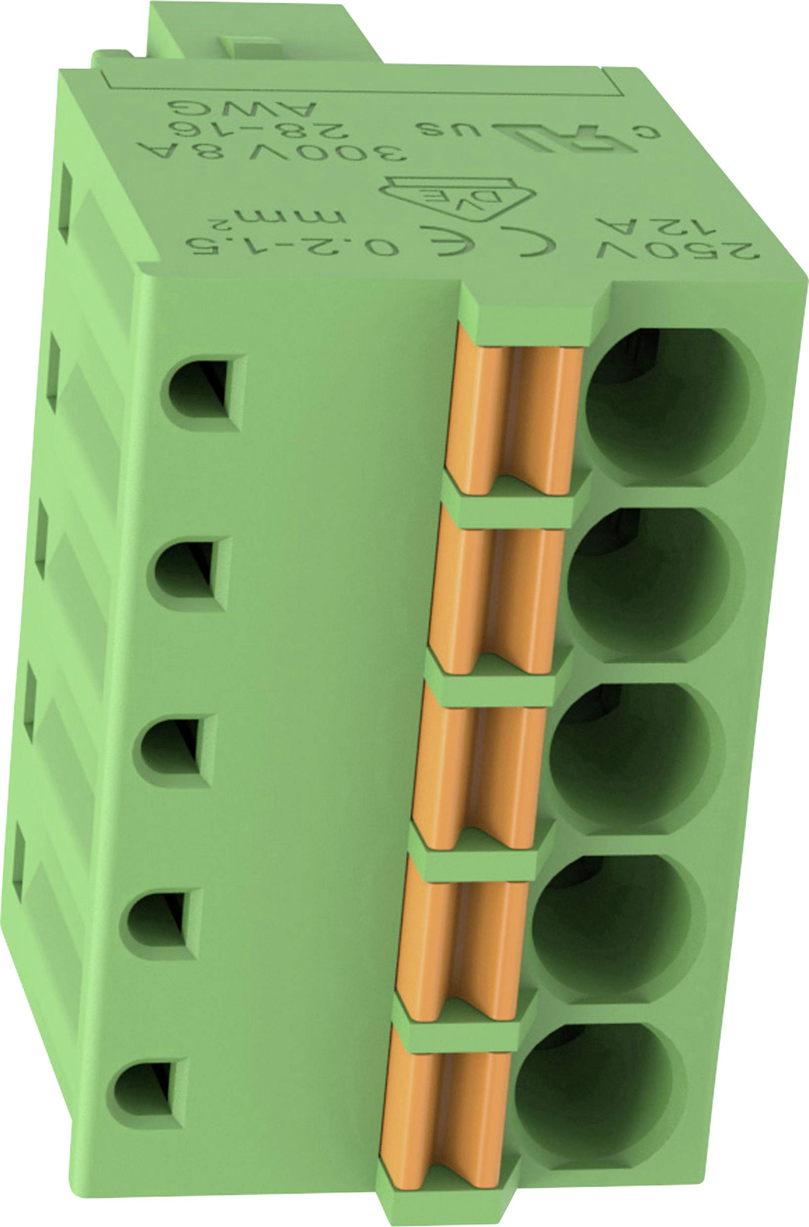 Grüner 5-poliger Elektroklemmenblock mit orangefarbenen Federklemm-Kontakten, gekennzeichnet für 240V AC und 300V, in Nahaufnahme vor weißem Hintergrund.