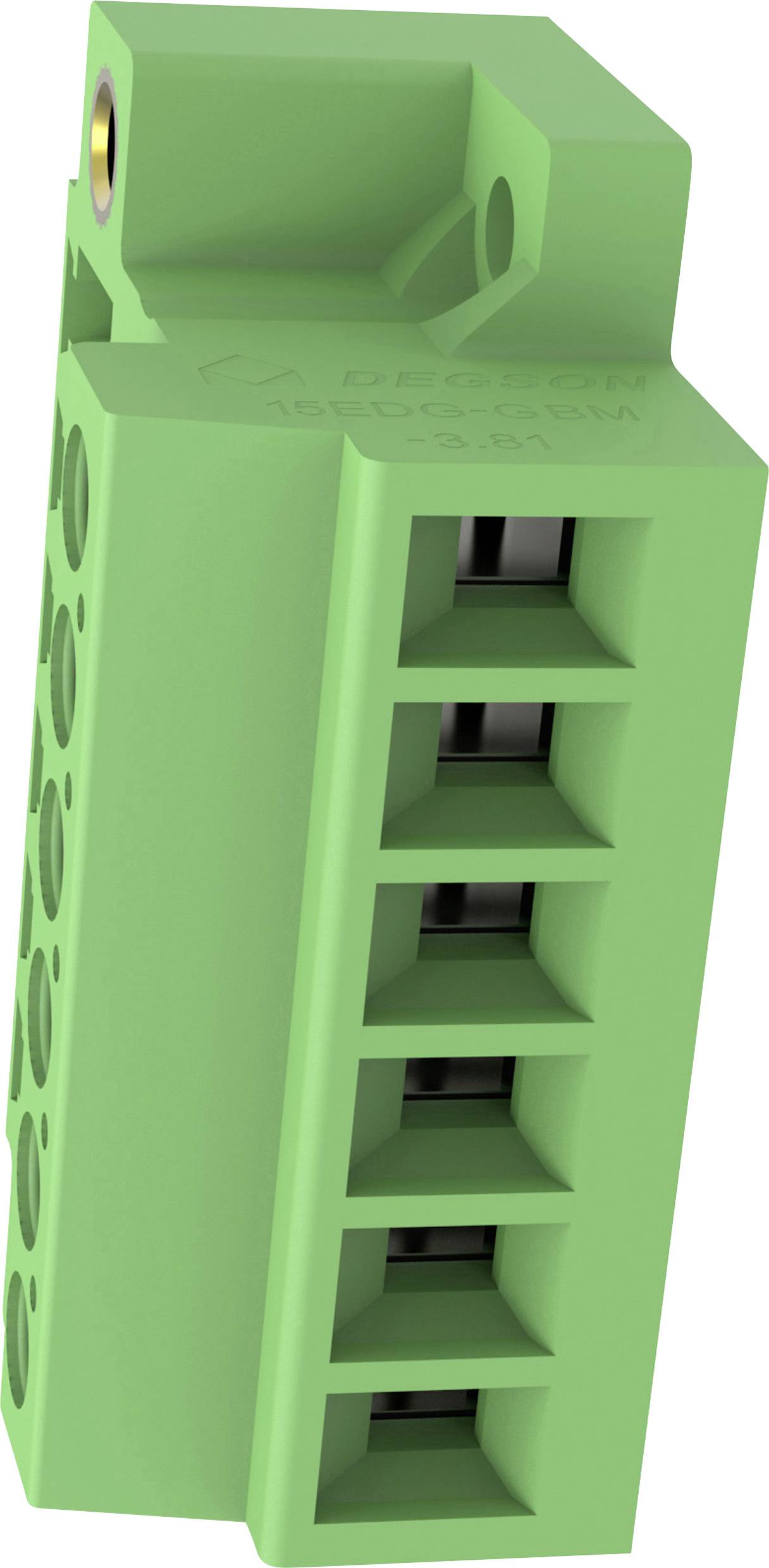 Grüner Kunststoff-Elektroanschlussblock mit sechs vorderen Öffnungen und seitlichen Schraubenlöchern zum Verbinden von Drähten.