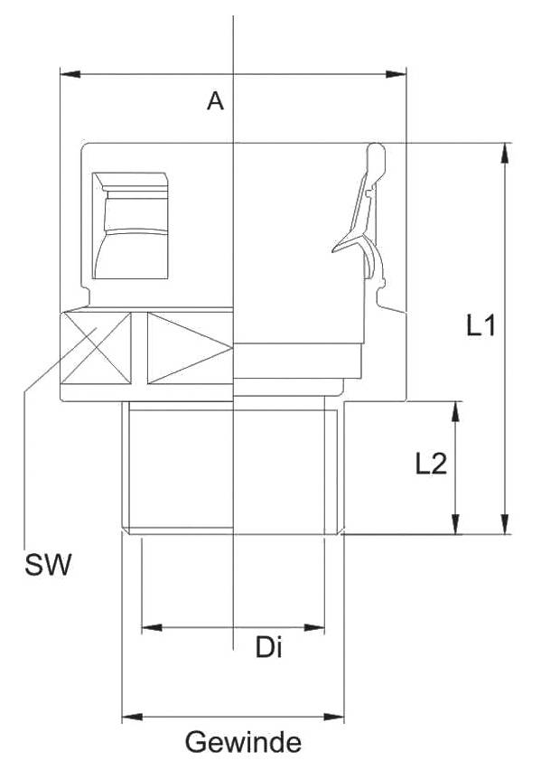 Technische Zeichnung eines Steckverbinders mit Markierungen für Maße: A, L1, L2, SW, und Di. Geeignet zur Installation.