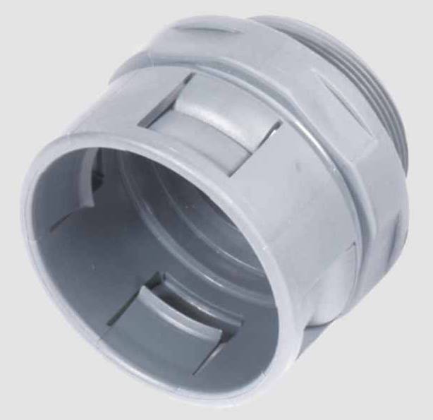 Graues, zylindrisches Kunststoffverbindungsstück mit geriffelten Außenkanten, vermutlich für Rohrinstallationen.